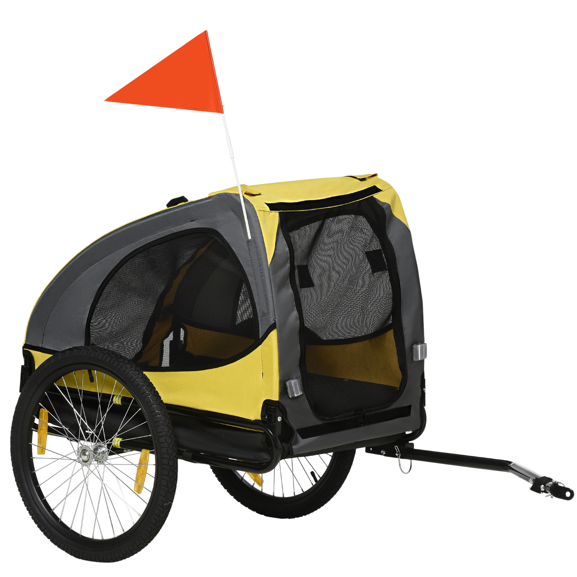 Aosom Dog Bike Trailer, Pet Bike Wagon with Steel Frame, Hitch Coupler, Quick Release Wheels, Reflectors, Flag, Pet Travel Carrier for Medium Dogs, Yellow