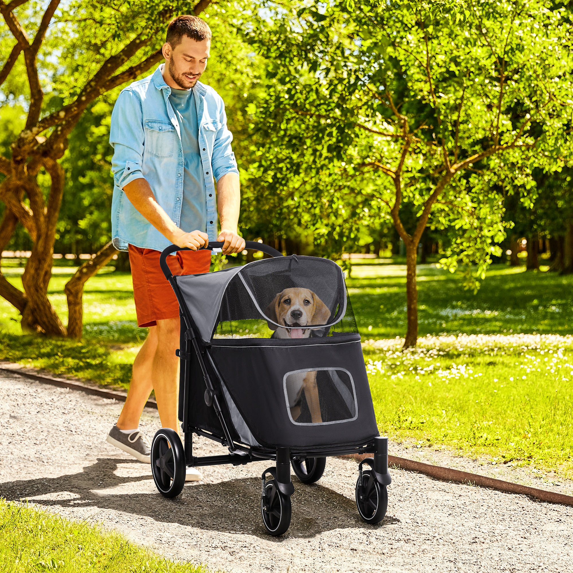 PawHut One-Click Foldable Doggy Stroller for Medium Large Dogs, Pet Stroller with Storage, Smooth Ride with Shock Absorption, Mesh Window, Safety Leash, Big Dog Walking Stroller, Gray