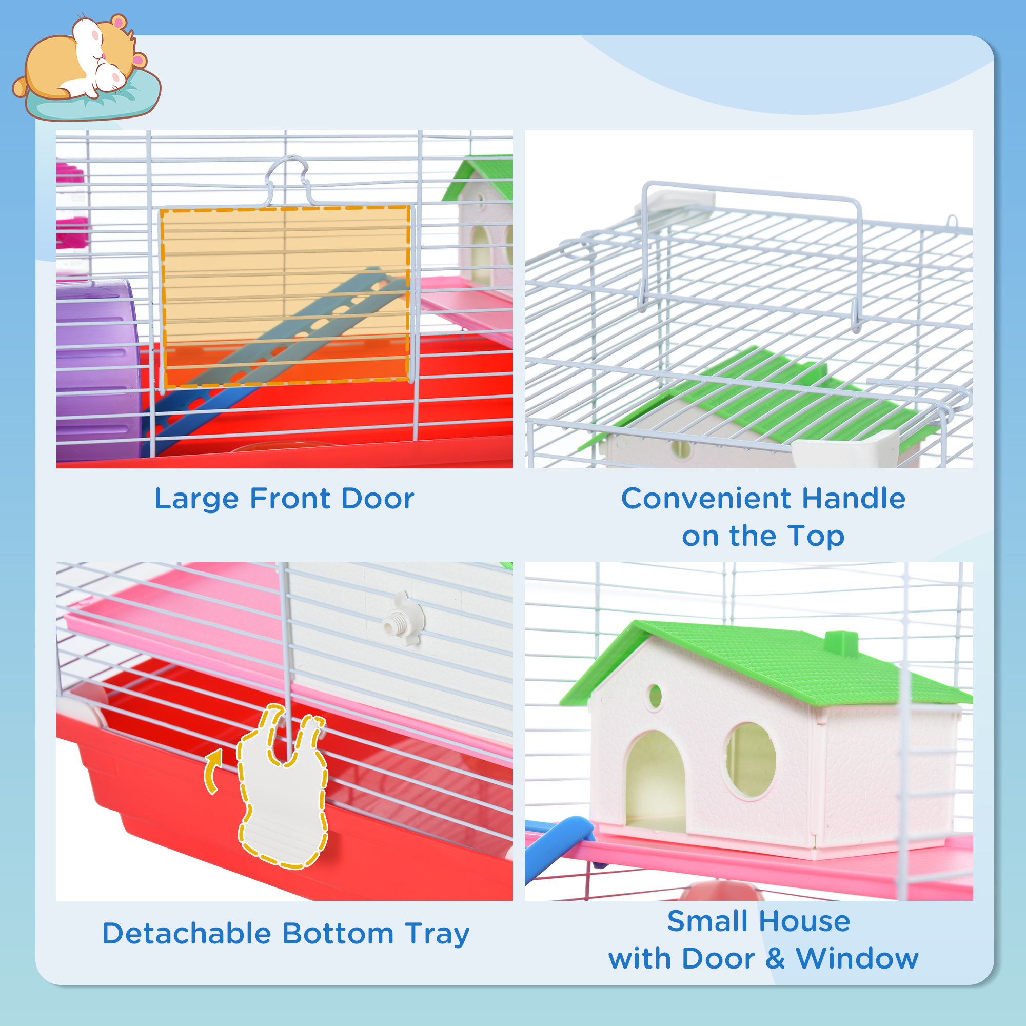 PawHut 18.5" Hamster Cage with Exercise Wheel and Water Bottle, Dish, Rat House and Habitat 2-Story Design, Red