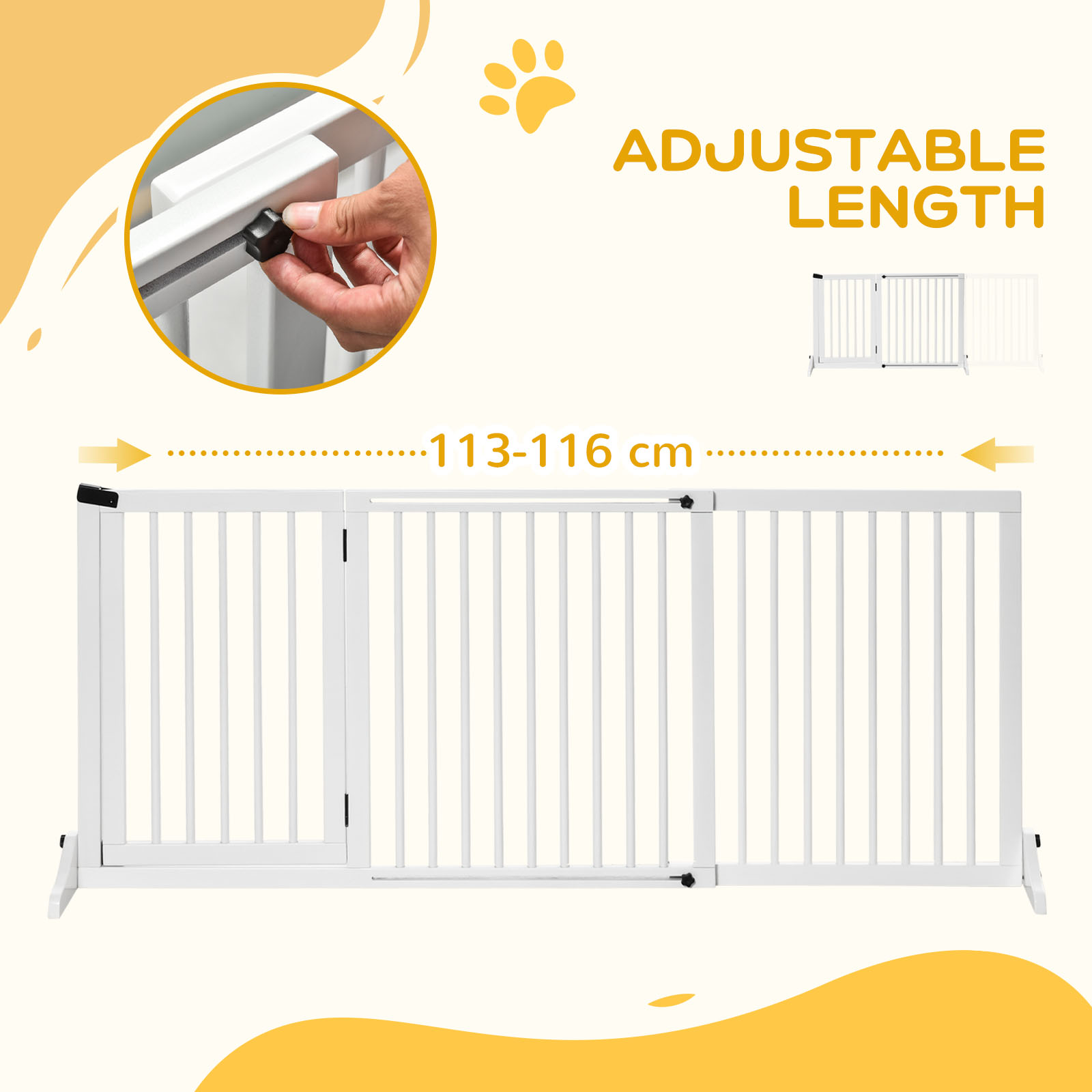 PawHut Adjustable Wooden Pet Gate, Freestanding Dog Fence for Doorway, Hall, 3 Panels w/ Safety Barrier, Lockable Door, White, 44.5"-65.25" L x 14.25" H