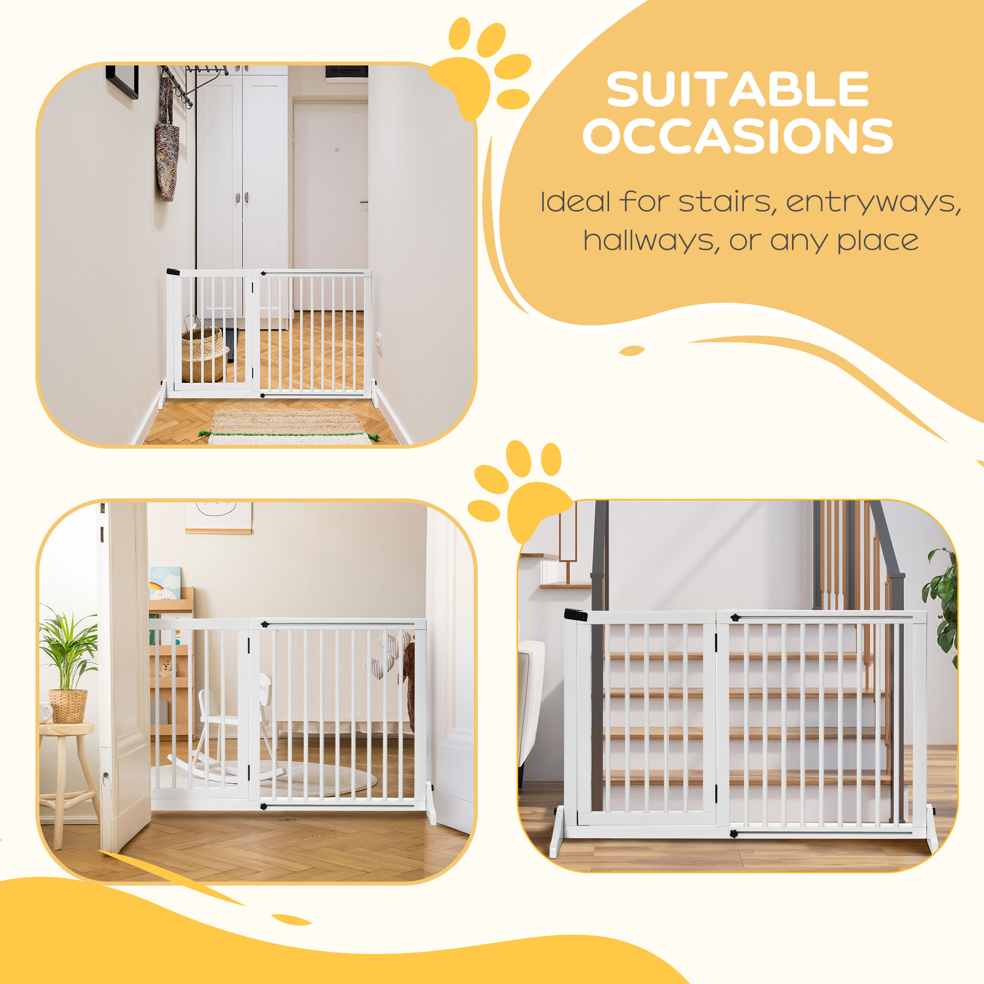 PawHut Adjustable Wooden Pet Gate, Freestanding Dog Fence for Doorway, Hall, 3 Panels w/ Safety Barrier, Lockable Door, White, 44.5"-65.25" L x 14.25" H