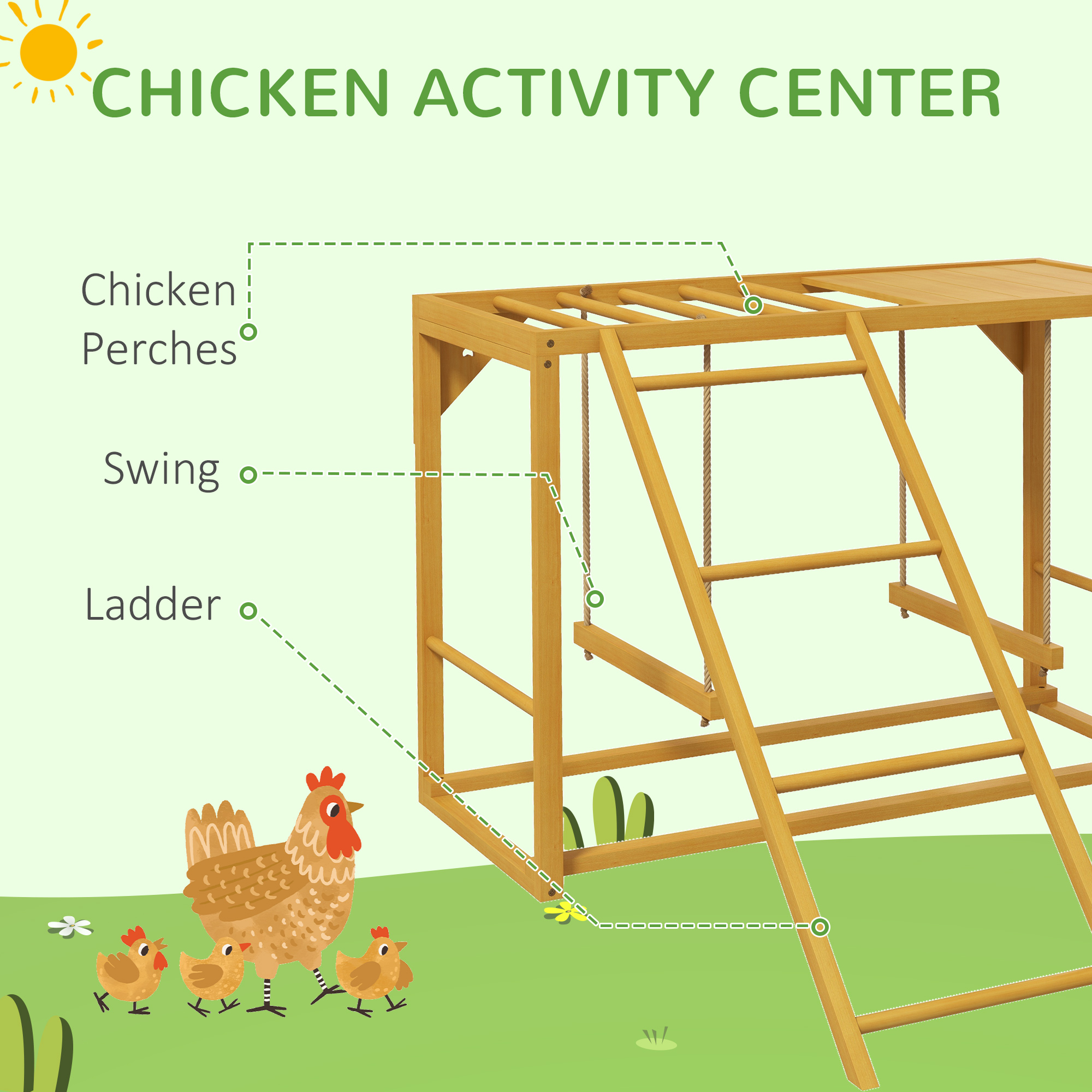 PawHut Chicken Activity Play with Swing Set for 3-4 Birds, Wooden Chicken Coop Accessory with Multiple Chicken Perches & Hen Ladder, Natural