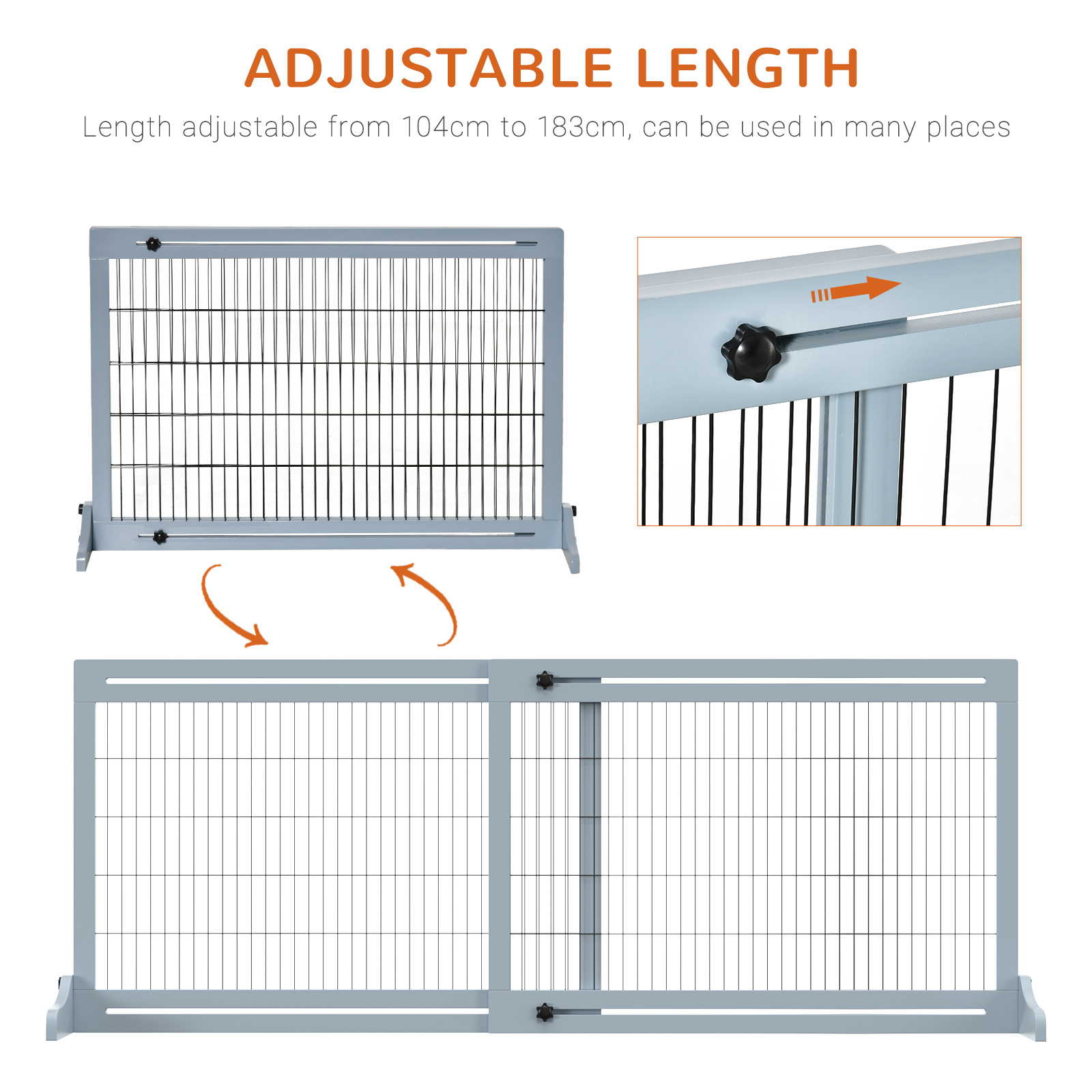 PawHut 72" W x 27.25" H Extra Wide Freestanding Pet Gate with Adjustable Length Dog, Cat, Barrier for House, Doorway, Hallway, Blue-grey