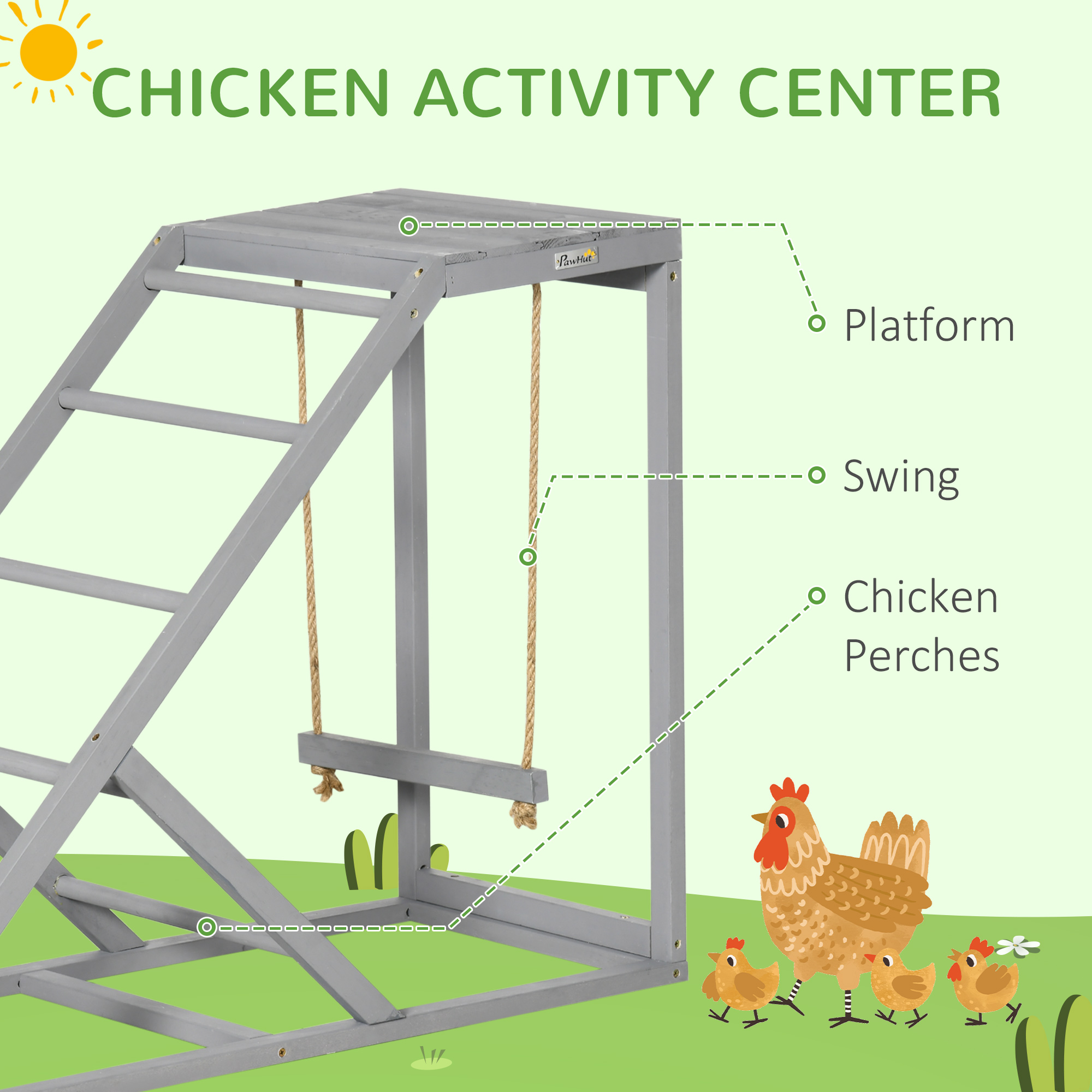 PawHut Chicken Activity Play for Healthy & Happy Animals, Swing Set with Chicken Perches & Hen Ladder, Chicken Coop Toy, Gray