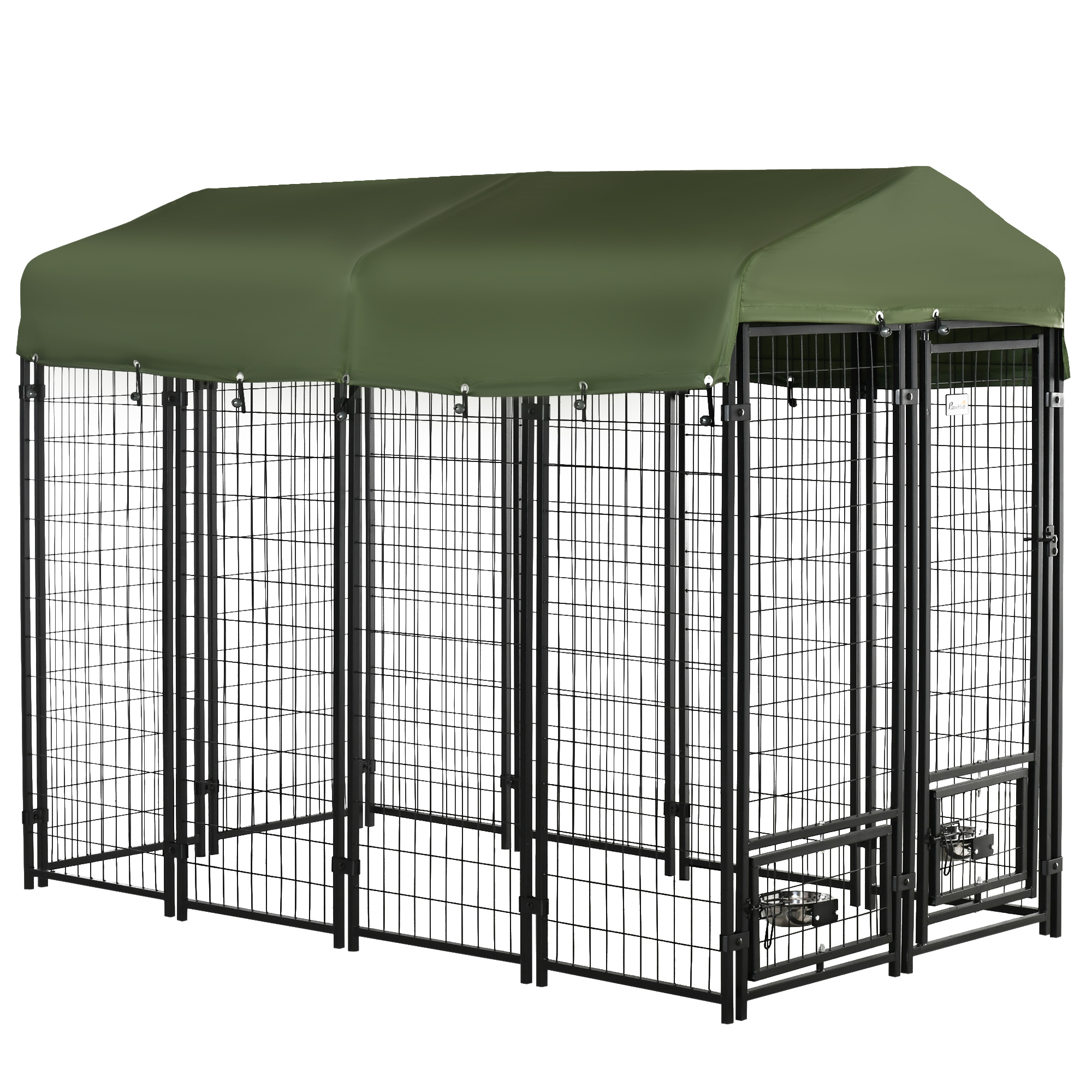 PawHut 8' x 4' x 6' Dog Kennel Outdoor with Rotating Bowl Holders, Walk-in Pet Playpen, Welded Wire Steel Dog Fence with Water-and UV-Resistant Canopy, Green