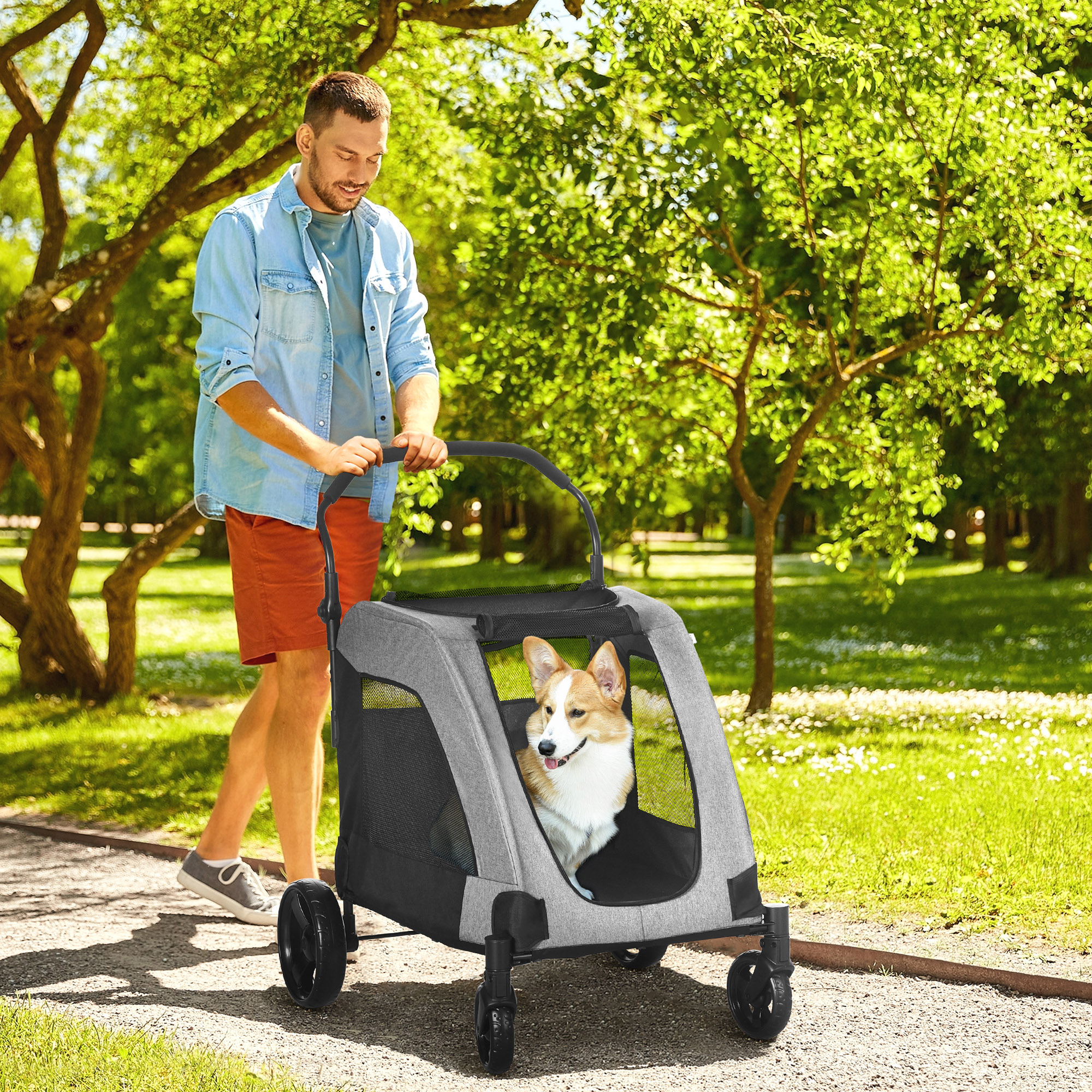 PawHut Pet Stroller Universal Wheel with Storage Basket Ventilated Foldable Oxford Fabric for Medium Size Dogs, Grey