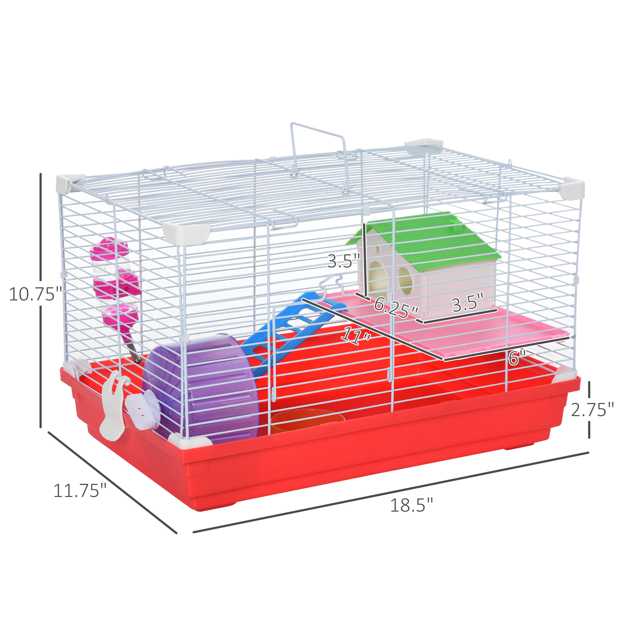 PawHut 18.5" Hamster Cage with Exercise Wheel and Water Bottle, Dish, Rat House and Habitat 2-Story Design, Red