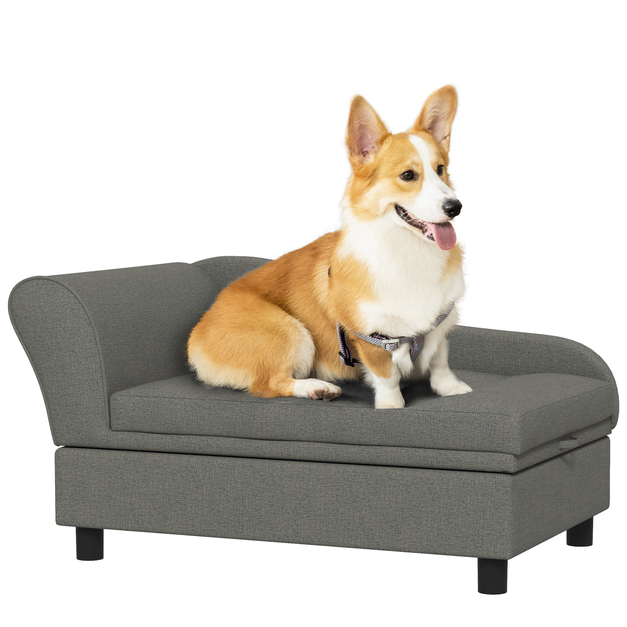 PawHut Pet Sofa, Dog Couch, Elevated Pet Bed for Small and Medium Dogs, with Hidden Storage, Soft Tufted Cushion, Gray