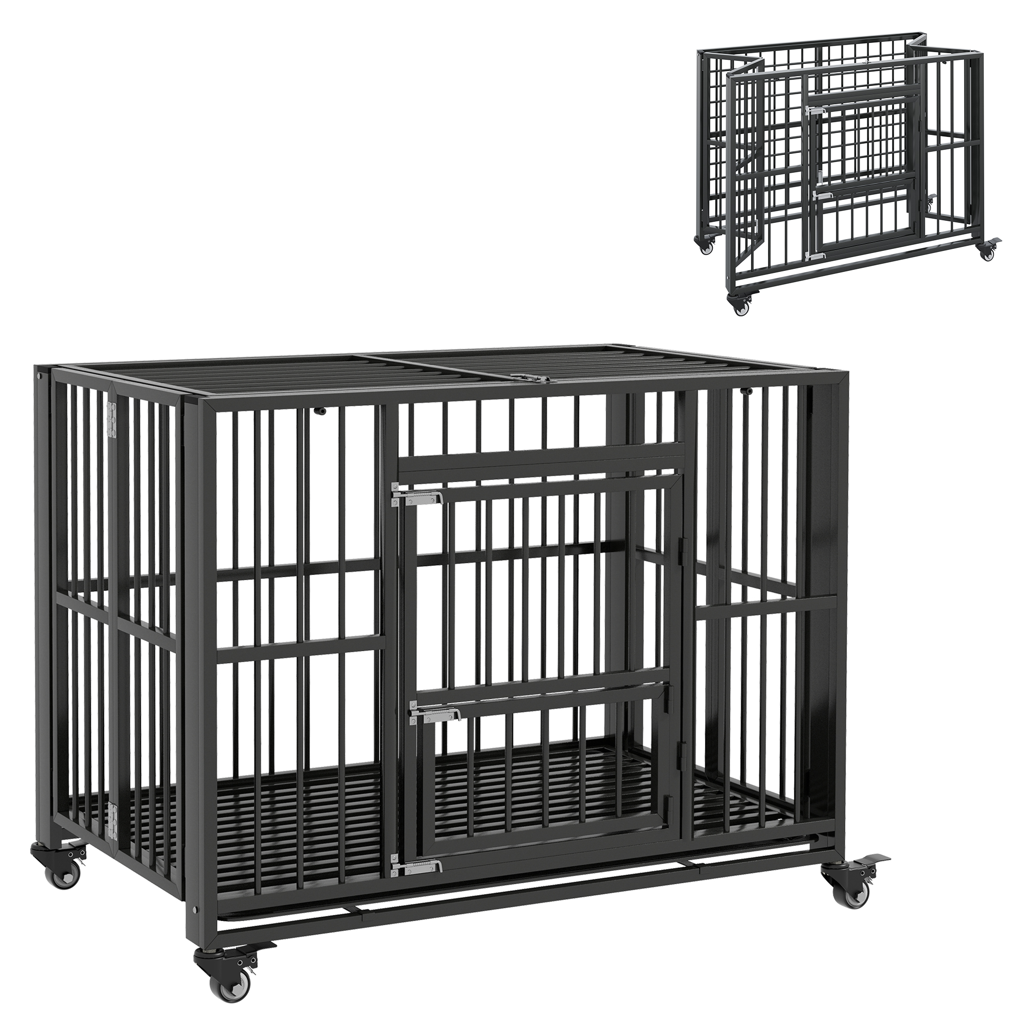 PawHut 43" Heavy Duty Dog Crate, Strong Steel Foldable Large Dog Crate with 4 Lockable Wheels, Double Doors, Openable Top and Removable Trays for Medium and Large Dogs, Black