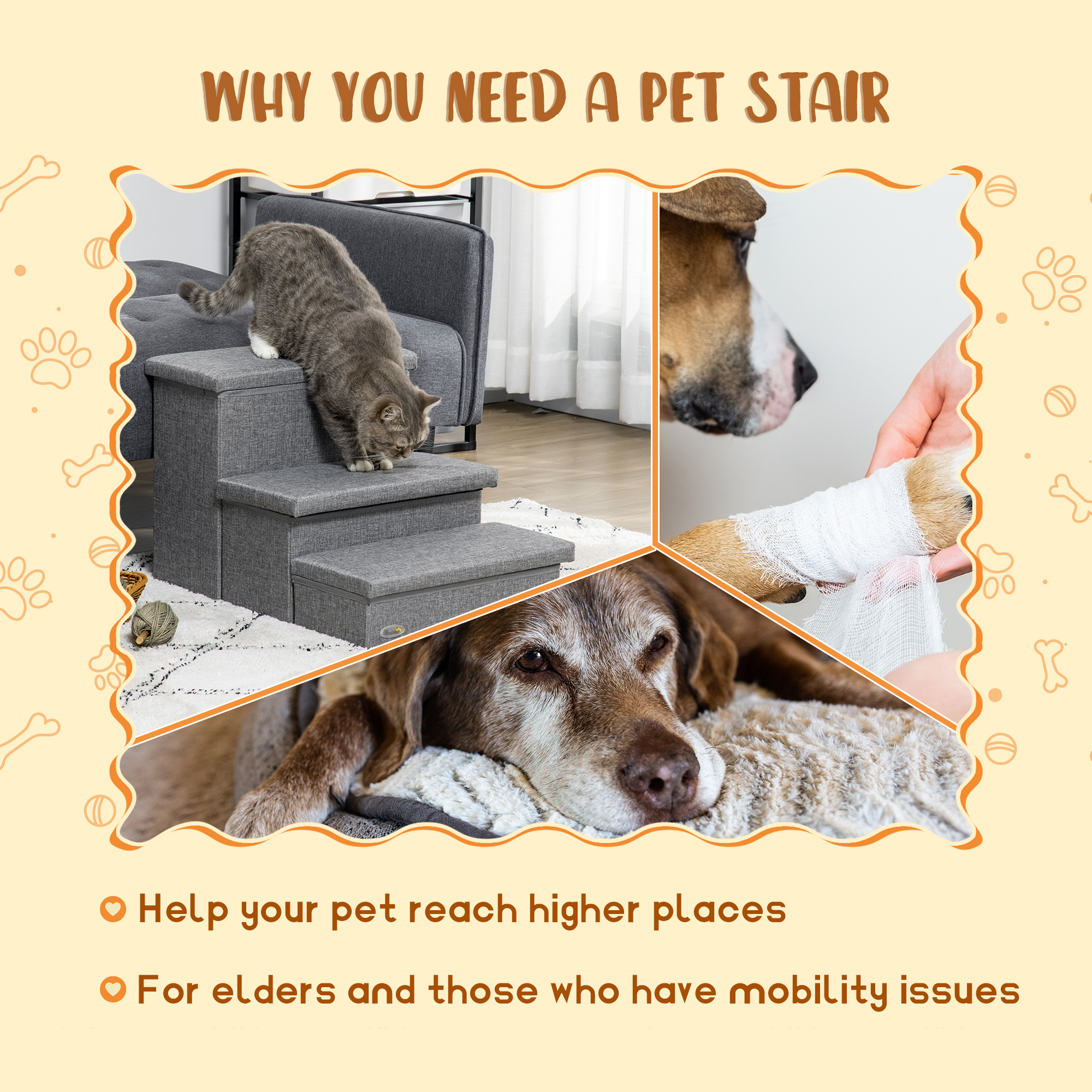 PawHut 3-Steps Pet Stairs with Storage, Dog Steps for Couch, Bed, Pet Steps for Injured Pet, Older Pets, Small Cats, gray