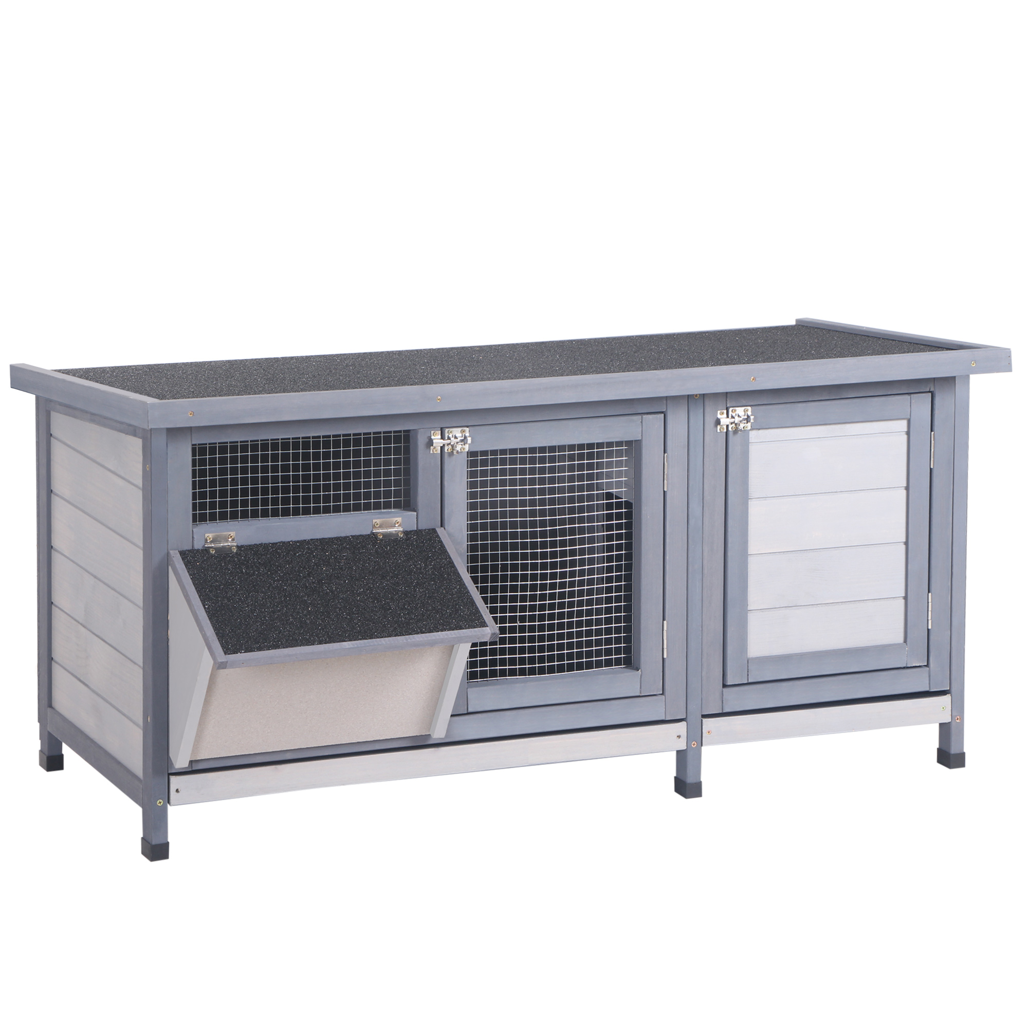 PawHut Wooden Rabbit Hutch Bunny Hutch Cage Guinea Pig with Waterproof Roof, No Leak Tray and Feeding Trough, Indoor/Outdoor, Gray