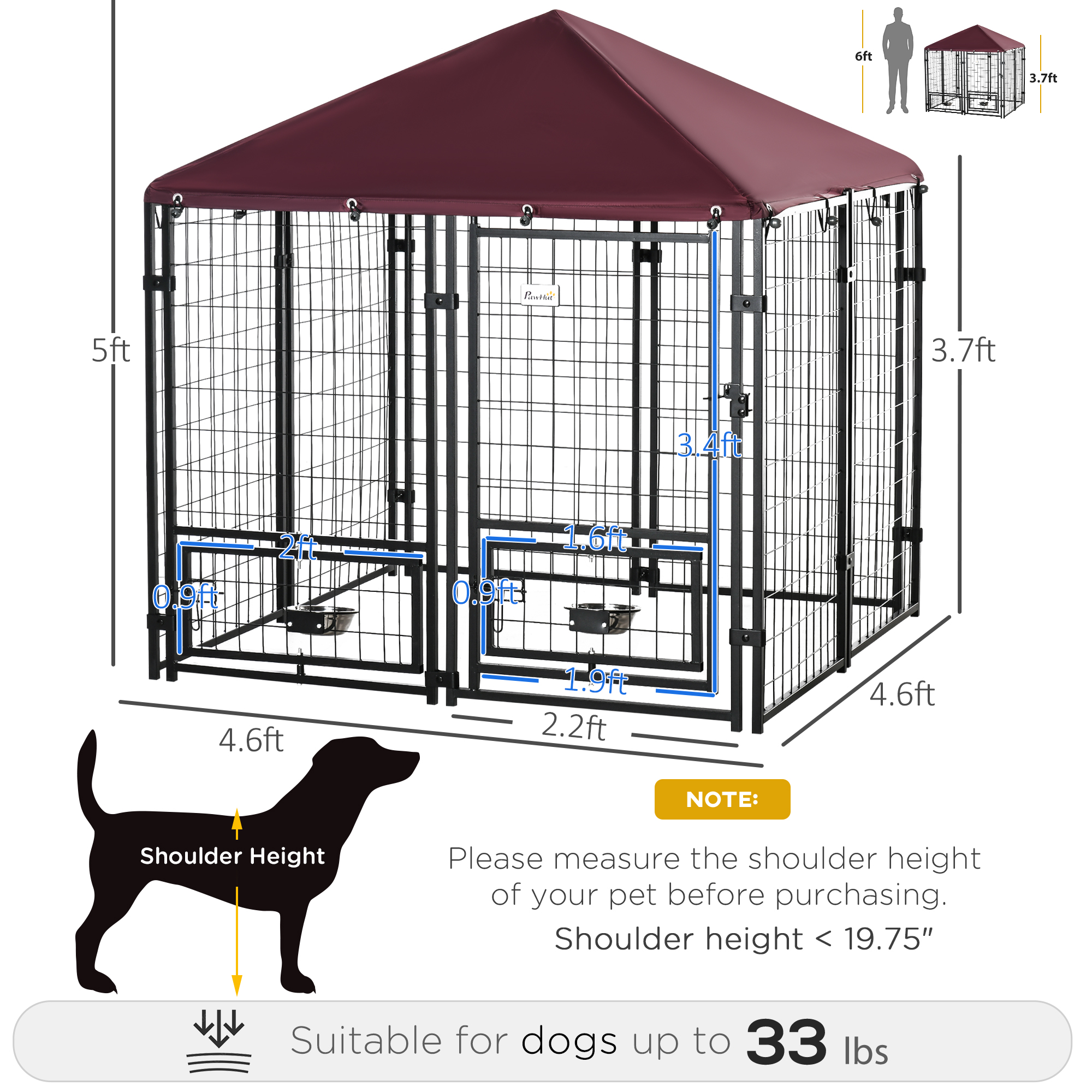 PawHut 5' x 5' x 5' Dog Kennel Outdoor with Rotating Bowl Holders, Walk-in Pet Playpen, Welded Wire Steel Dog Fence with Water-and UV-Resistant Canopy, Black and Red