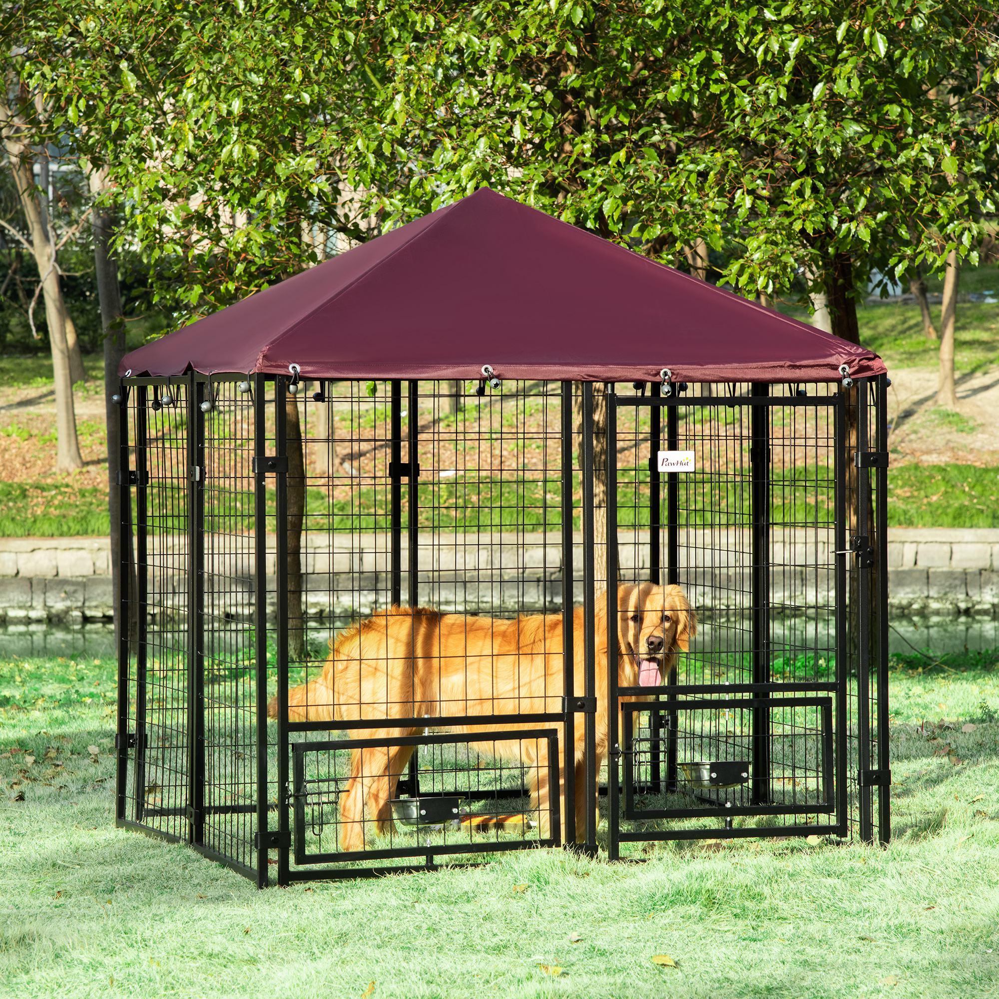 PawHut 5' x 5' x 5' Dog Kennel Outdoor with Rotating Bowl Holders, Walk-in Pet Playpen, Welded Wire Steel Dog Fence with Water-and UV-Resistant Canopy, Black and Red