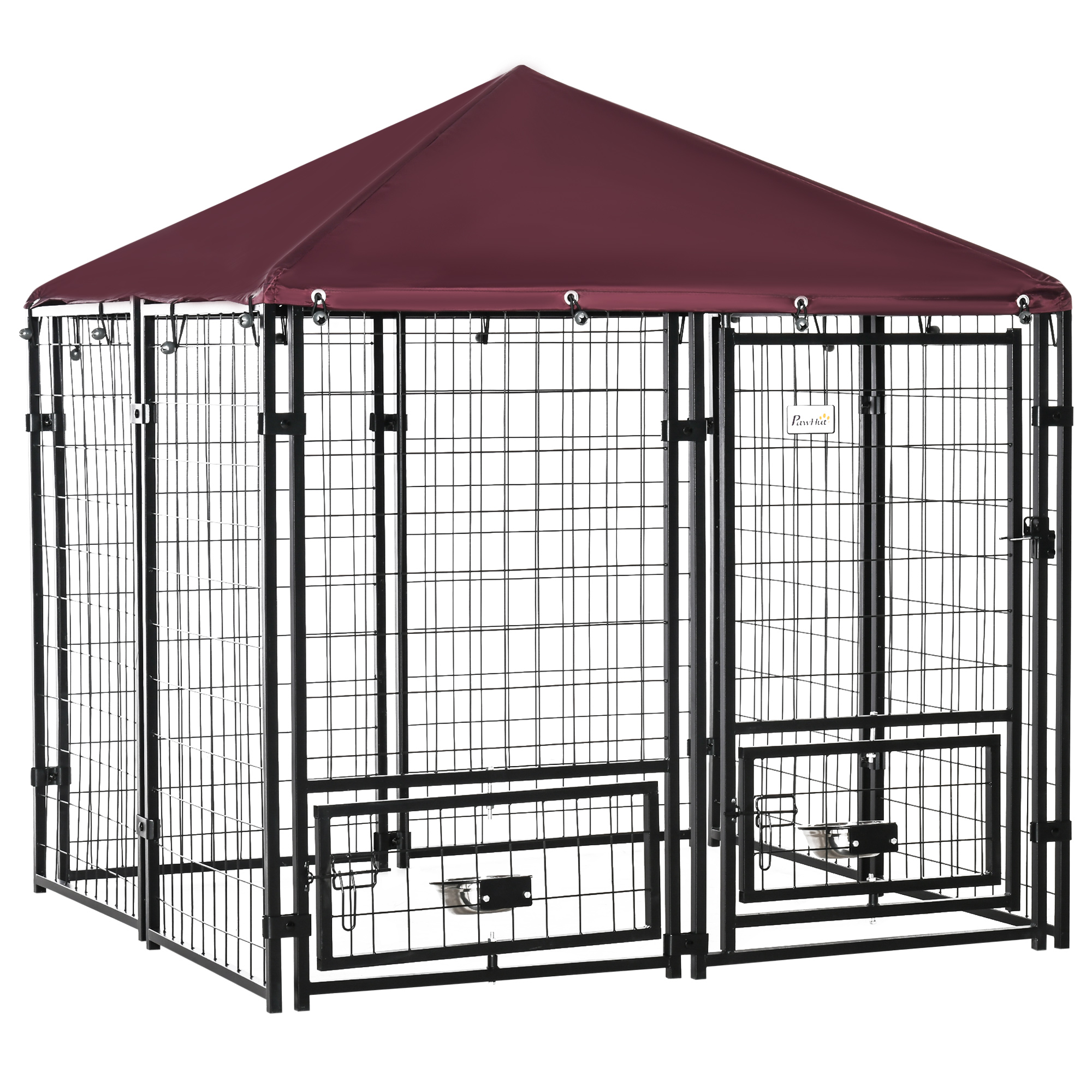 PawHut 5' x 5' x 5' Dog Kennel Outdoor with Rotating Bowl Holders, Walk-in Pet Playpen, Welded Wire Steel Dog Fence with Water-and UV-Resistant Canopy, Black and Red