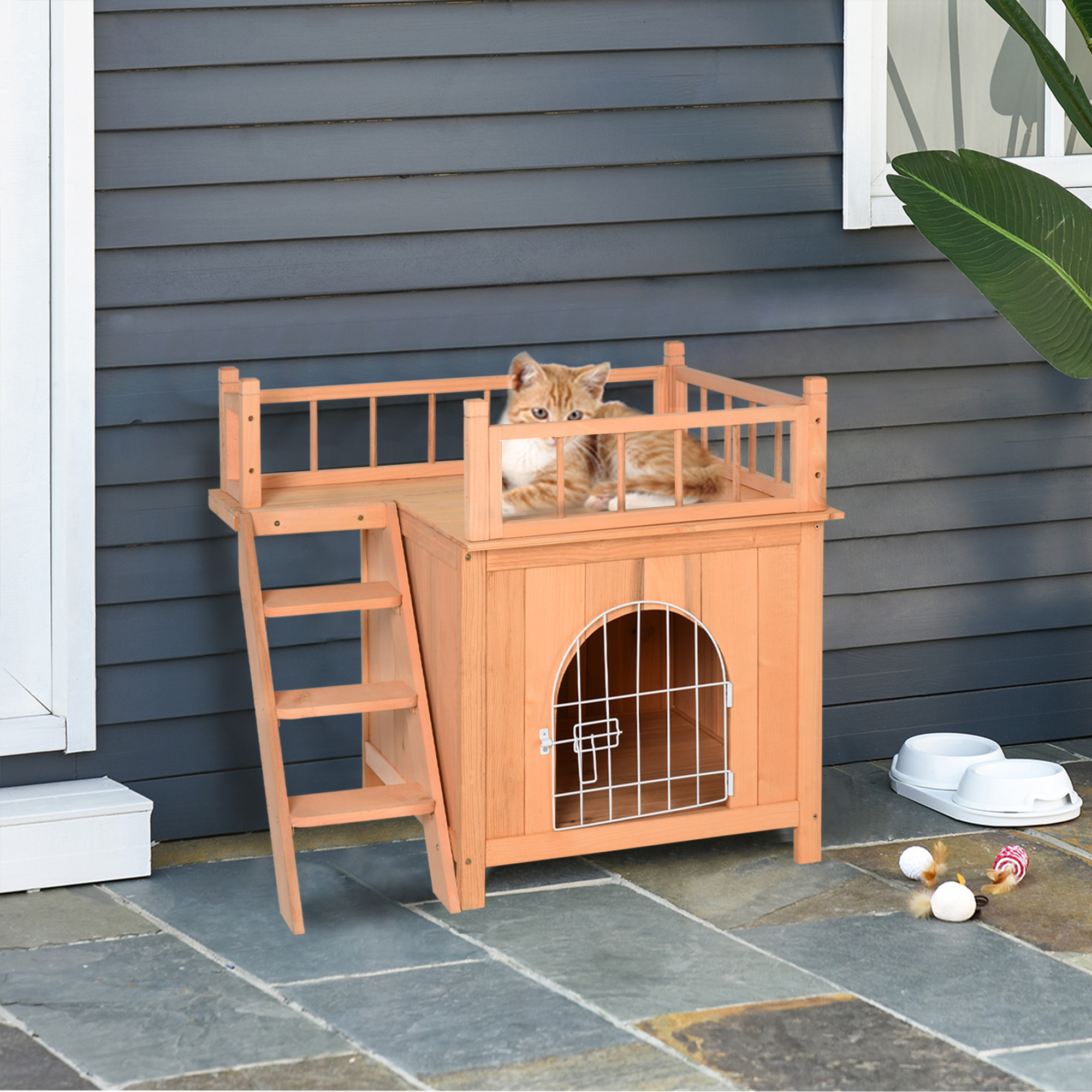 PawHut 2-Level Wooden Cat House, Outdoor Dog Shelter Cat Condo with Lockable Wire Door and Balcony, Natural Wood