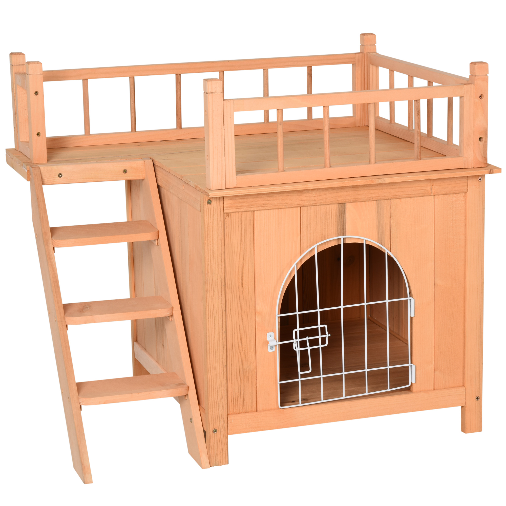 PawHut 2-Level Wooden Cat House, Outdoor Dog Shelter Cat Condo with Lockable Wire Door and Balcony, Natural Wood