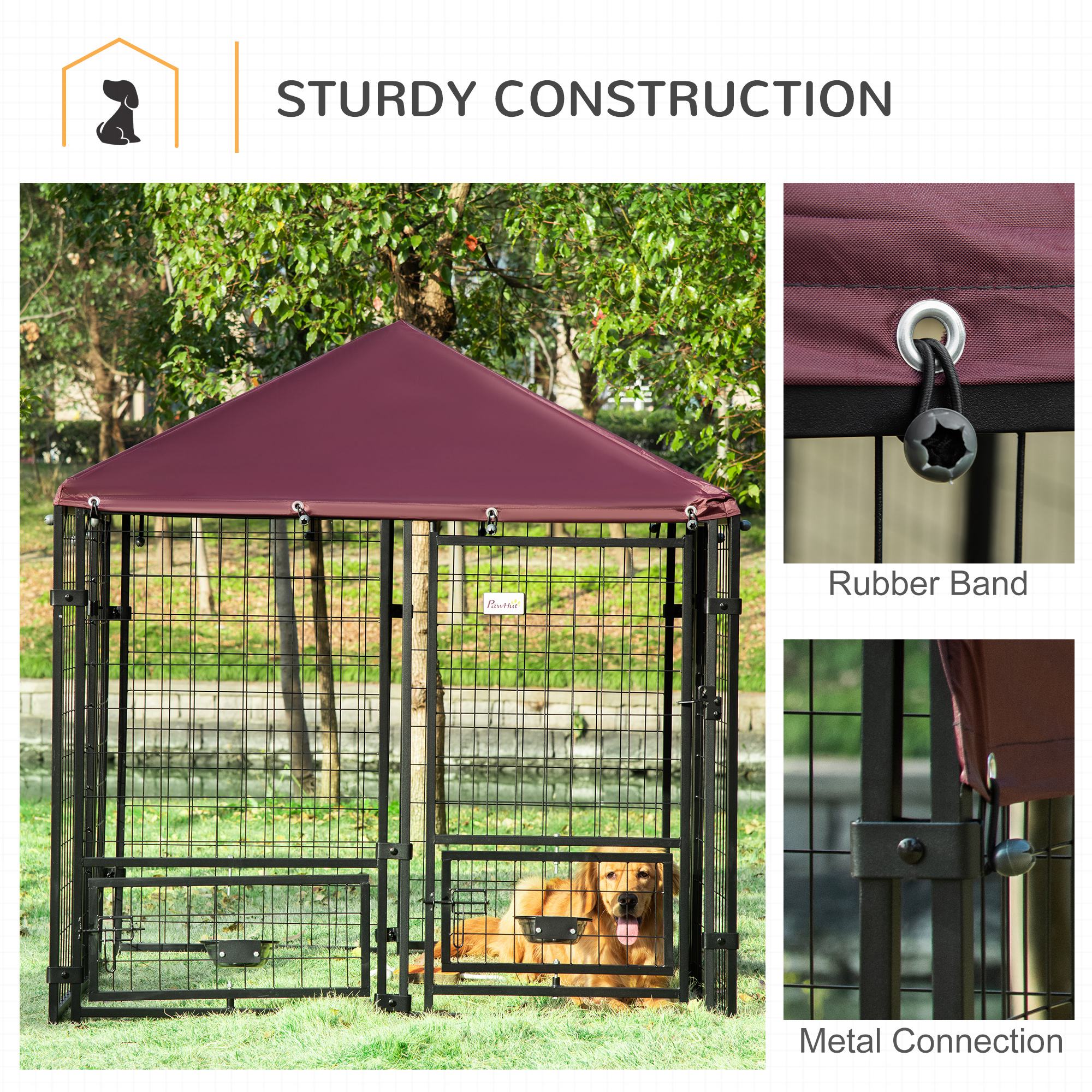 PawHut 5' x 5' x 5' Dog Kennel Outdoor with Rotating Bowl Holders, Walk-in Pet Playpen, Welded Wire Steel Dog Fence with Water-and UV-Resistant Canopy, Black and Red