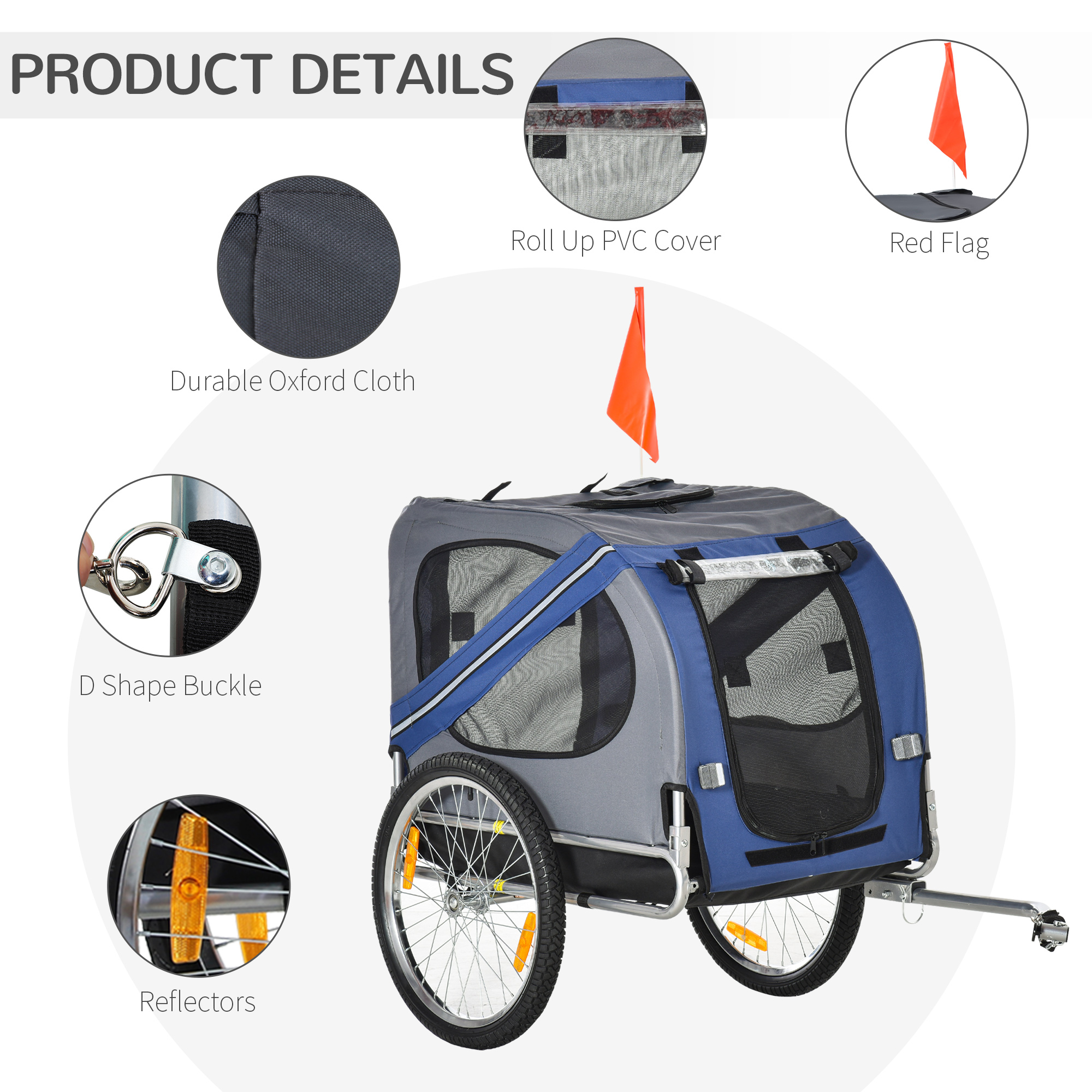 Aosom Dog Bike Trailer Pet Cart Bicycle Wagon Cargo Carrier Attachment for Travel with 3 Entrances Large Wheels for Off-Road & Mesh Screen - Blue / Grey