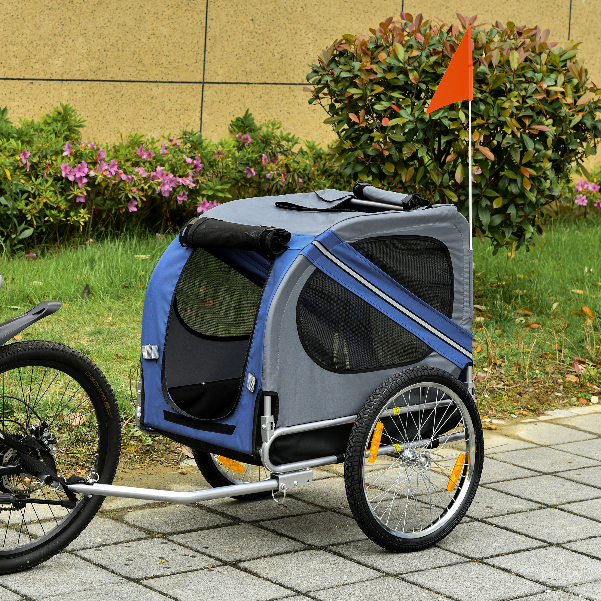 Aosom Dog Bike Trailer Pet Cart Bicycle Wagon Cargo Carrier Attachment for Travel with 3 Entrances Large Wheels for Off-Road & Mesh Screen - Blue / Grey