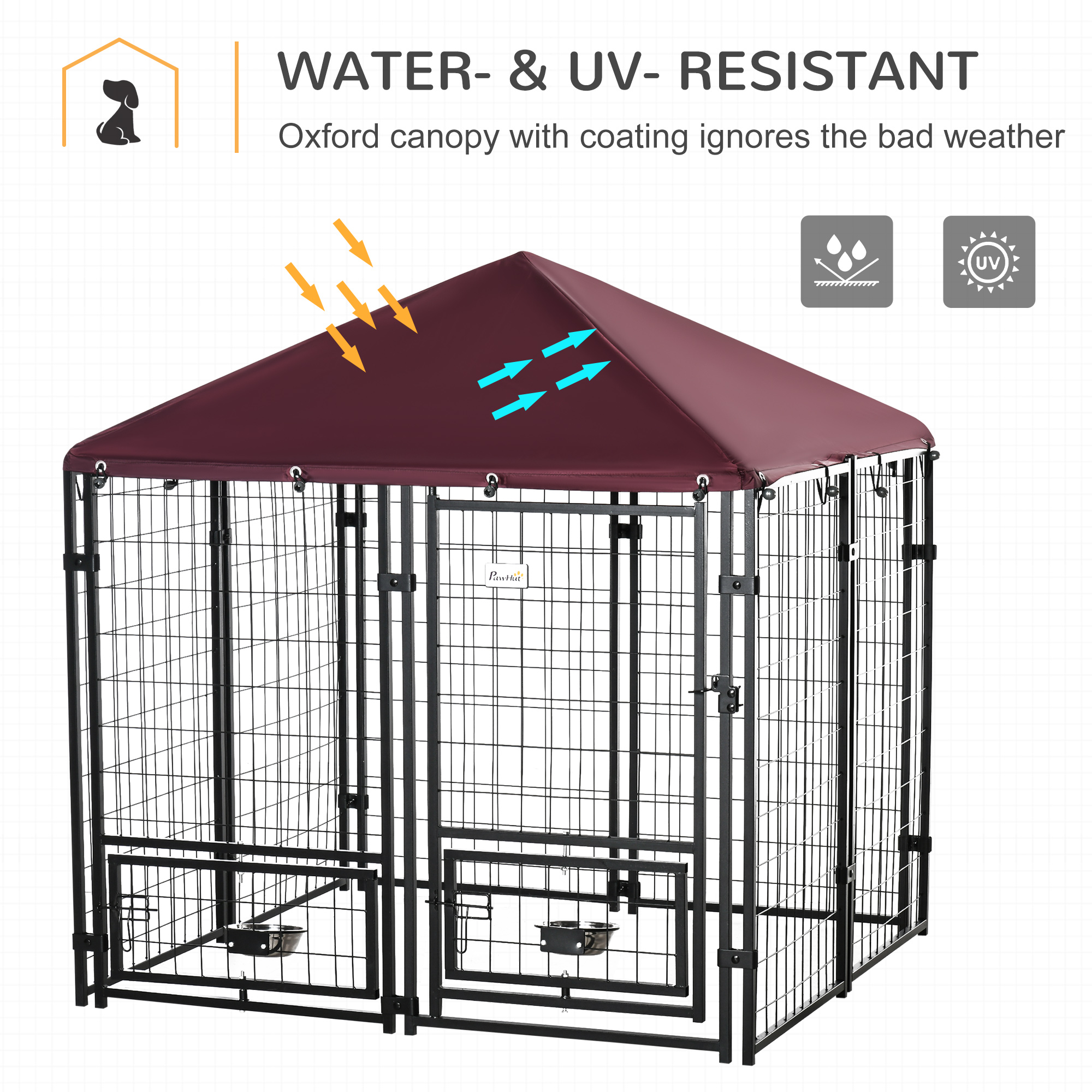 PawHut 5' x 5' x 5' Dog Kennel Outdoor with Rotating Bowl Holders, Walk-in Pet Playpen, Welded Wire Steel Dog Fence with Water-and UV-Resistant Canopy, Black and Red