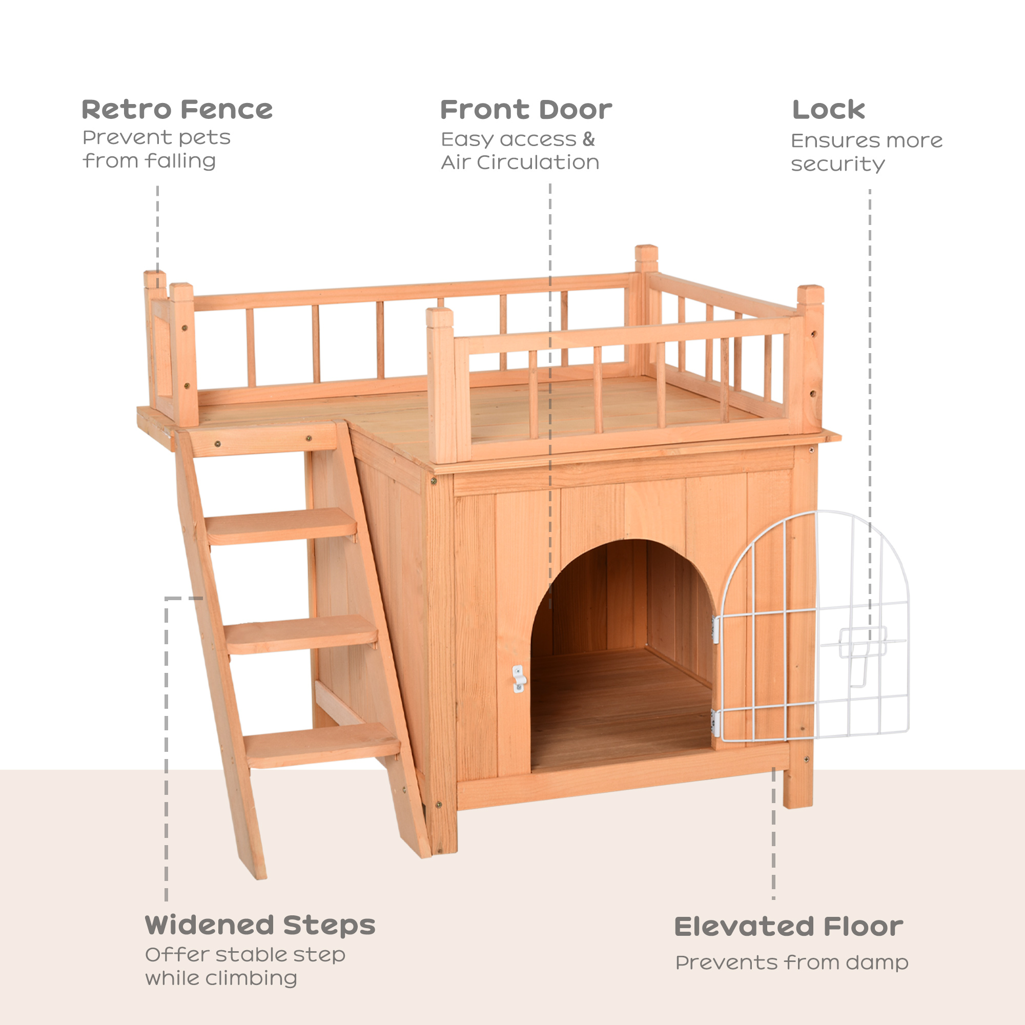 PawHut 2-Level Wooden Cat House, Outdoor Dog Shelter Cat Condo with Lockable Wire Door and Balcony, Natural Wood