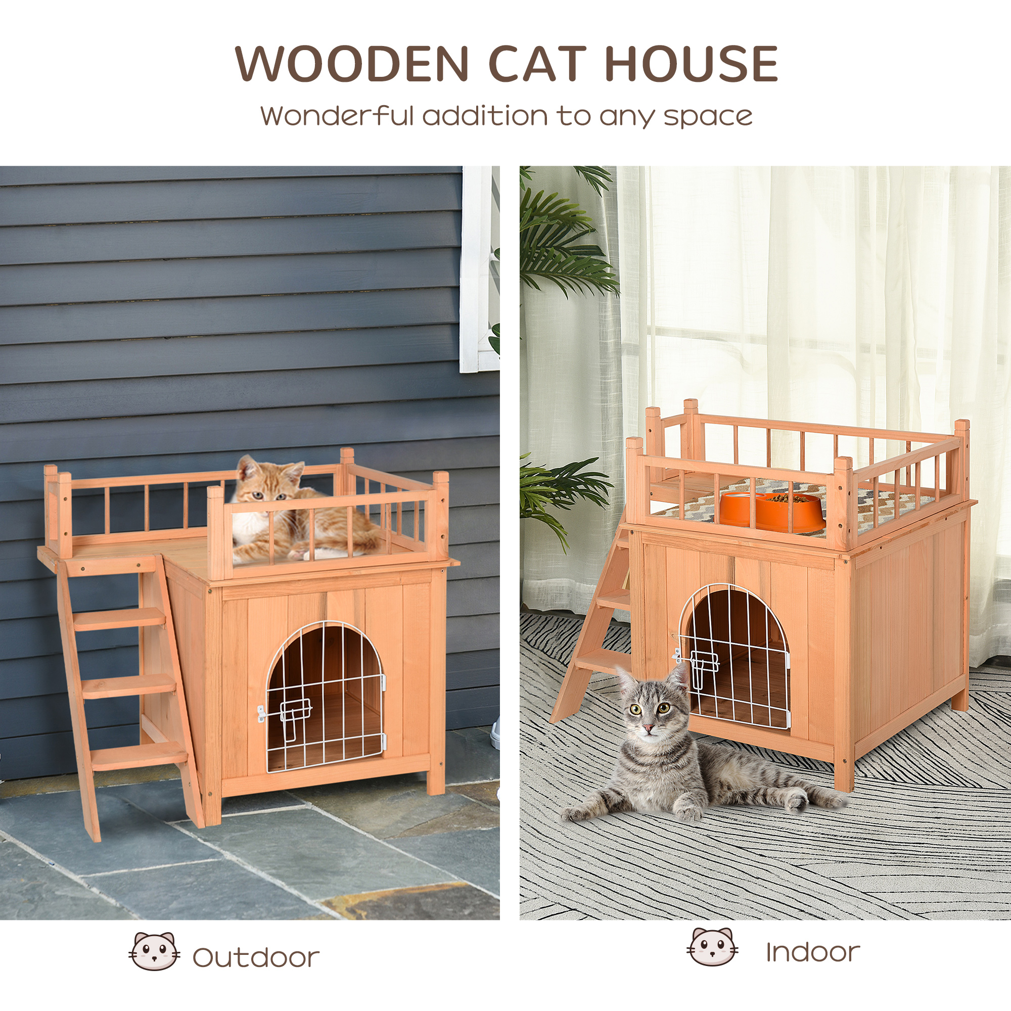 PawHut 2-Level Wooden Cat House, Outdoor Dog Shelter Cat Condo with Lockable Wire Door and Balcony, Natural Wood