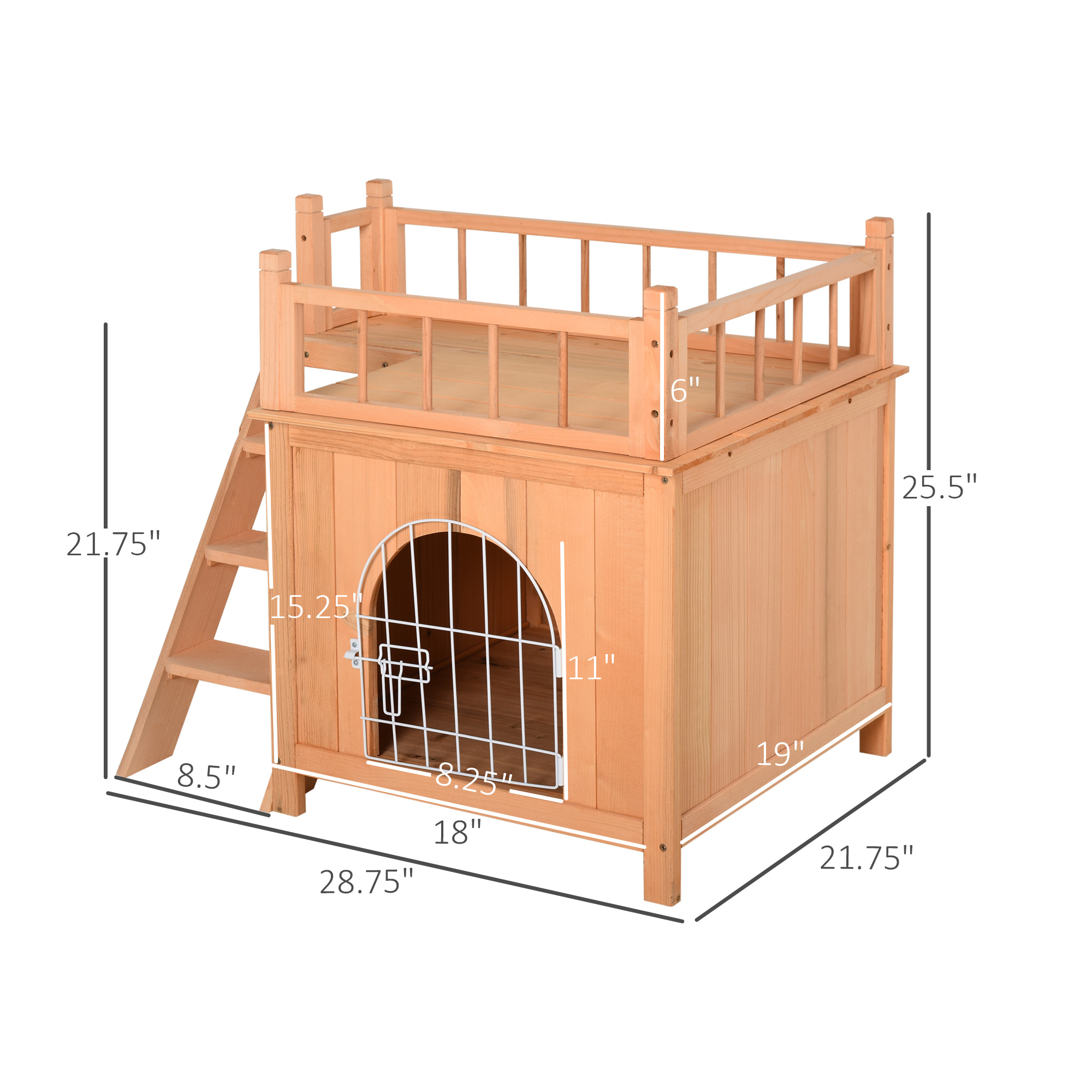 PawHut 2-Level Wooden Cat House, Outdoor Dog Shelter Cat Condo with Lockable Wire Door and Balcony, Natural Wood