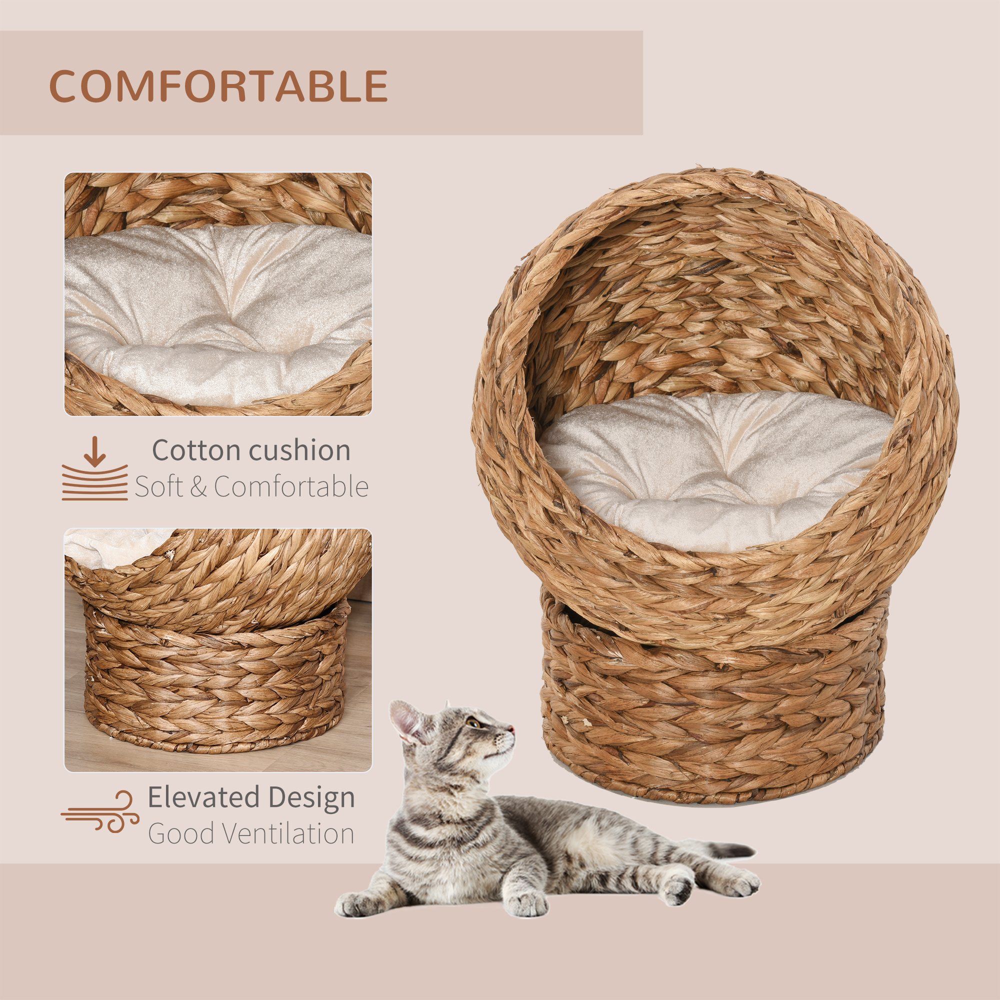 PawHut Handwoven Elevated Cat Bed with Soft Cushion & Cat Egg Chair Shape, Cat Basket Bed Kitty House with Stand, Raised Wicker Cat Bed for Indoor Cats, 23.5" H, Brown