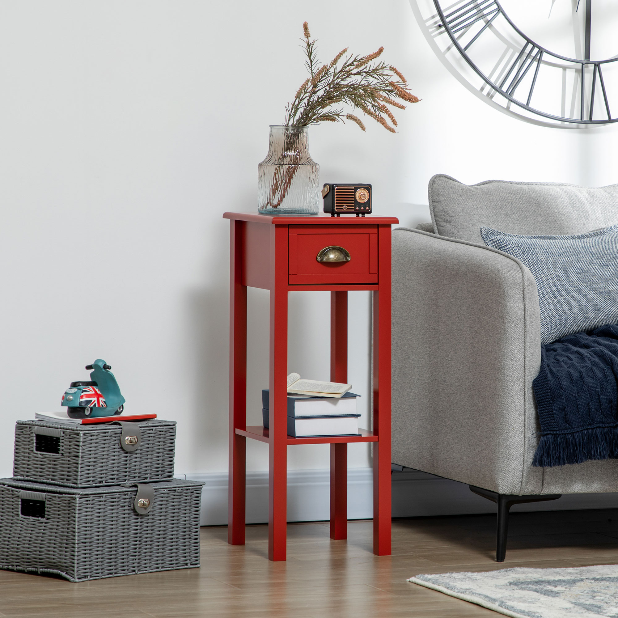 HOMCOM 2-Tier Side Table with Drawer, Narrow End Table with Bottom Shelf, for Living Room or Bedroom, Red