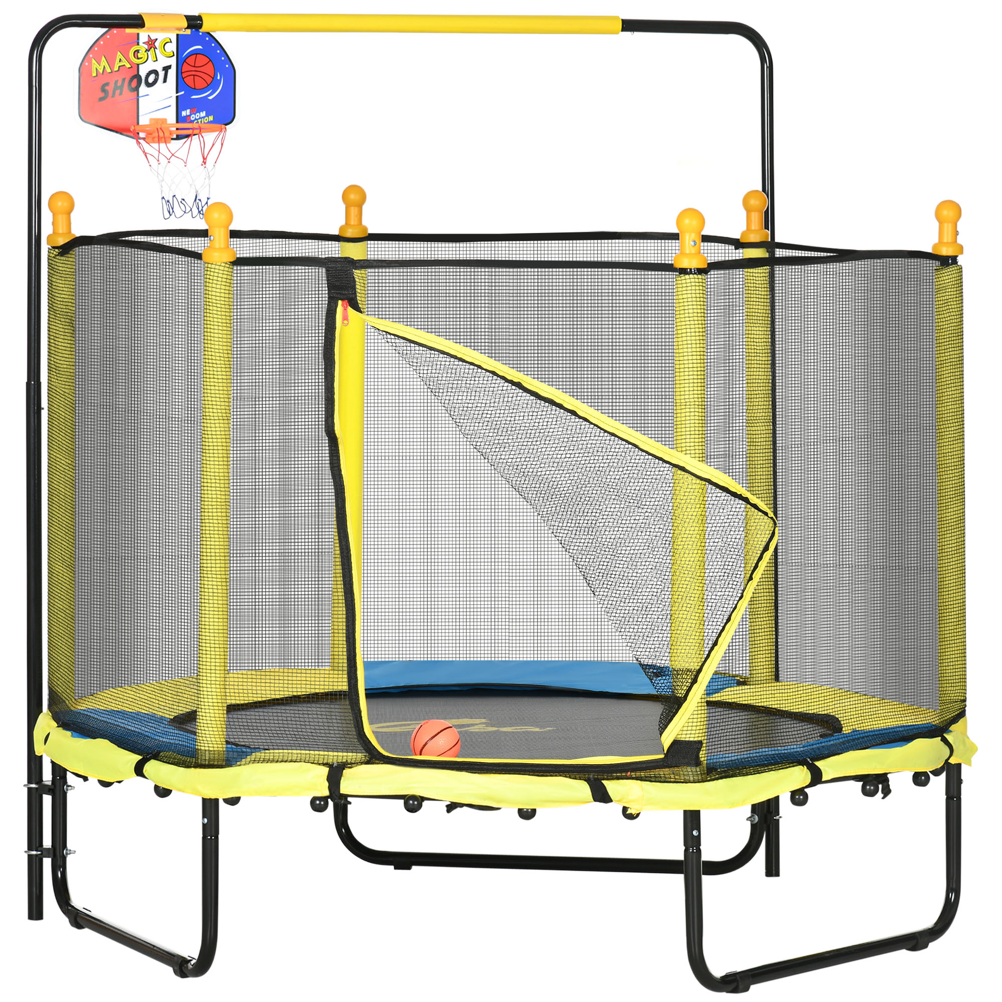 Qaba 4.6' Kids Trampoline with Basketball Hoop, Horizontal Bar, 55" Indoor Trampoline with Net, Small Springfree Trampoline Gifts for Kids Toys, Ages 3-10, Yellow