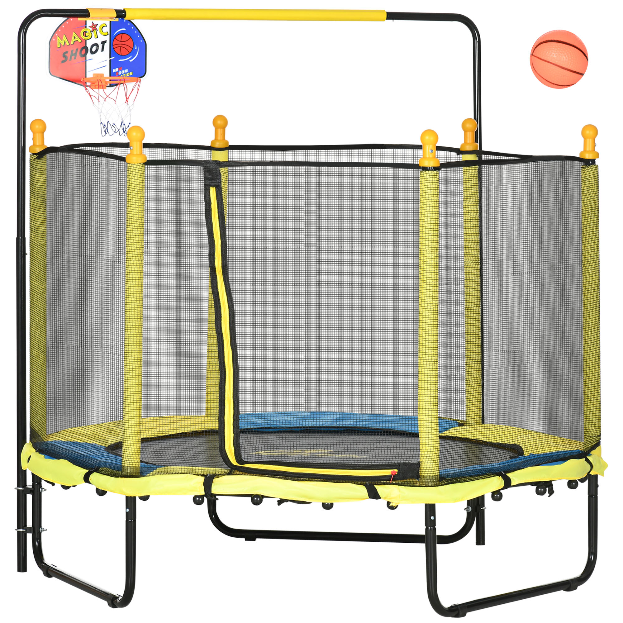 Qaba 4.6' Kids Trampoline with Basketball Hoop, Horizontal Bar, 55" Indoor Trampoline with Net, Small Springfree Trampoline Gifts for Kids Toys, Ages 3-10, Yellow