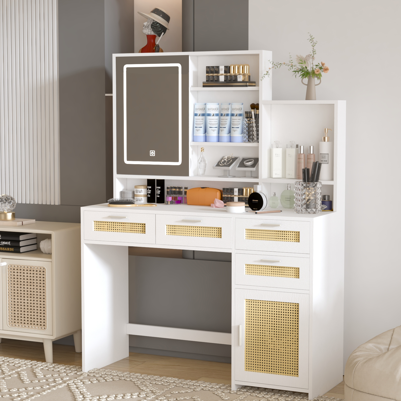 Makeup Vanity with Lights in 3 Colors & Openable Mirror, Vanity Desk with 4 Drawers & 1 Cabinets & Shelves, Vanity Table Rattan Vanity Dresser, for Bedroom