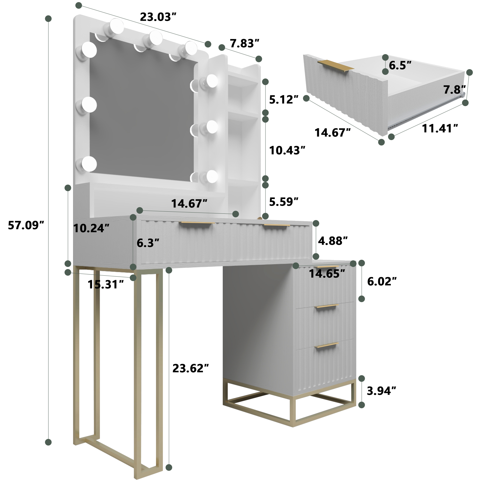 Makeup Vanity Desk with Mirror and Lights, Vanity Table, 5 Drawers, Side Cabinet, Storage Shelves for Bedroom, White