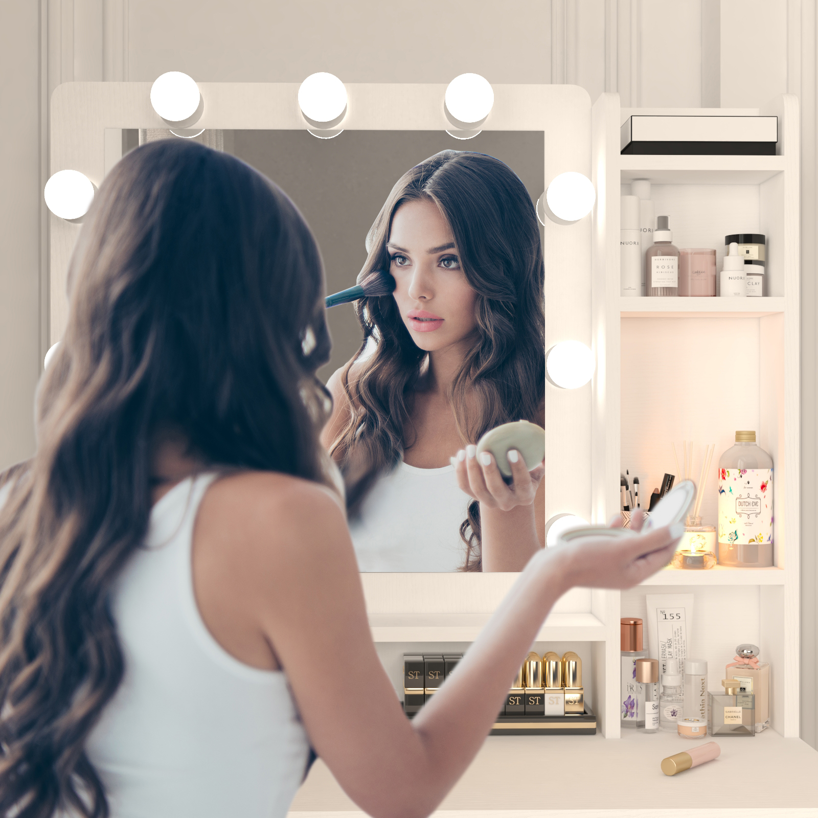 Makeup Vanity Desk with Mirror and Lights, Vanity Table, 5 Drawers, Side Cabinet, Storage Shelves for Bedroom, White