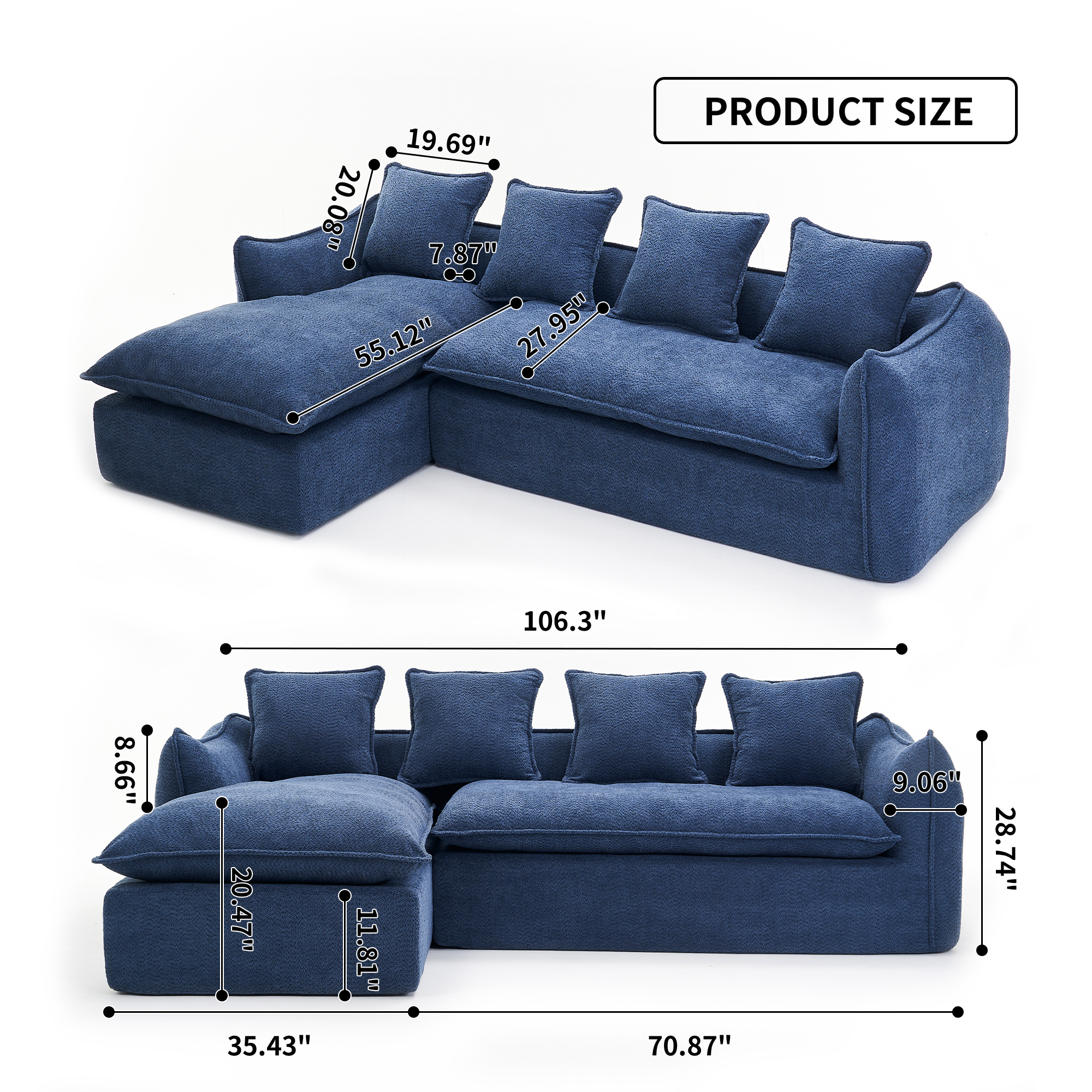 Sofa Deep Seat Sofa 3 Seater for Living Room Oversized Comfy Sofa L-Shape Sofa Couch with Chaise Home Furniture Sleeper Sectional Sofa for Apartment, Office Left Hand Facing