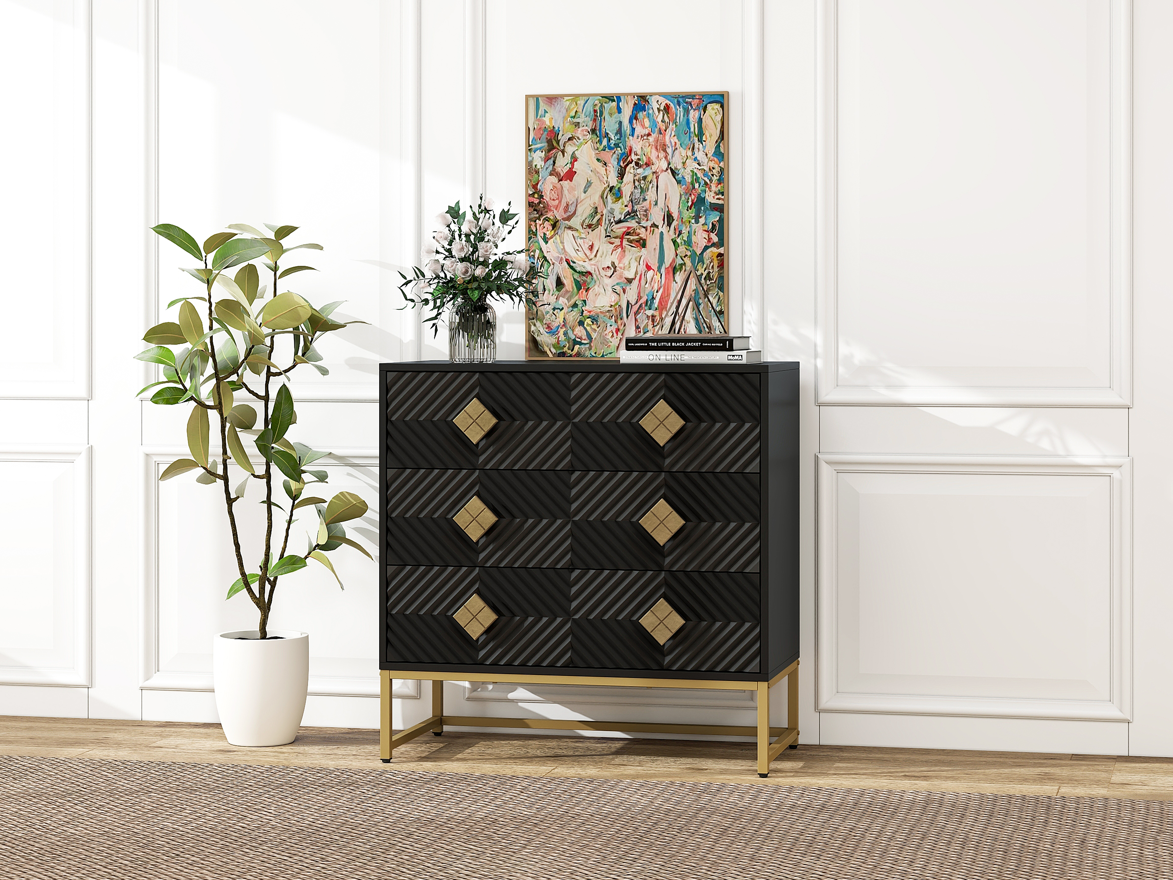 3 Drawer Storage Cabinet,3 Drawer Modern Dresser,  Chest of Drawers With Decorative Embossed Pattern Door for Entryway,Living Room,Bed Room