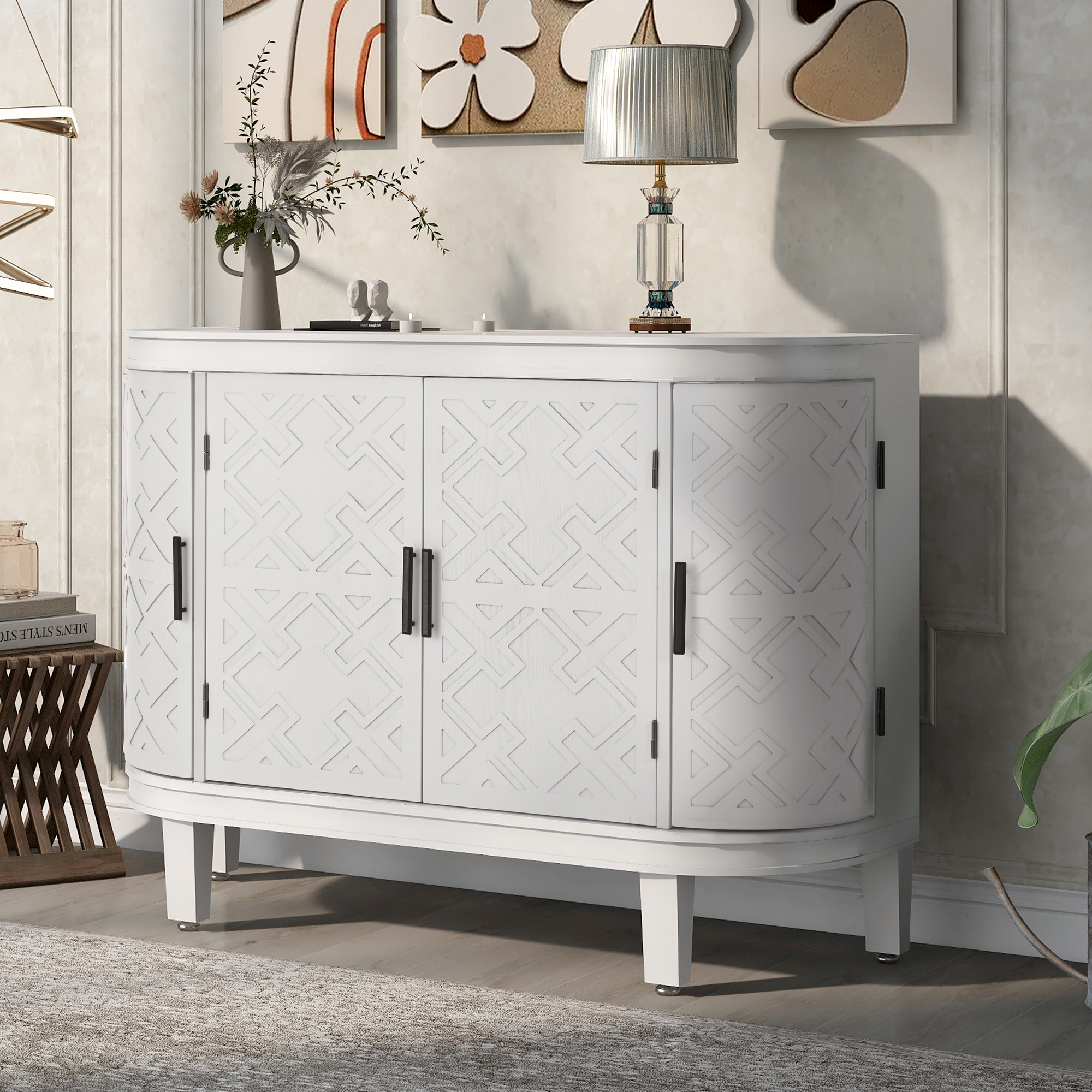 U-Style Accent Storage Cabinet Sideboard Wooden Cabinet with Antique Pattern Doors for Hallway, Entryway, Living Room