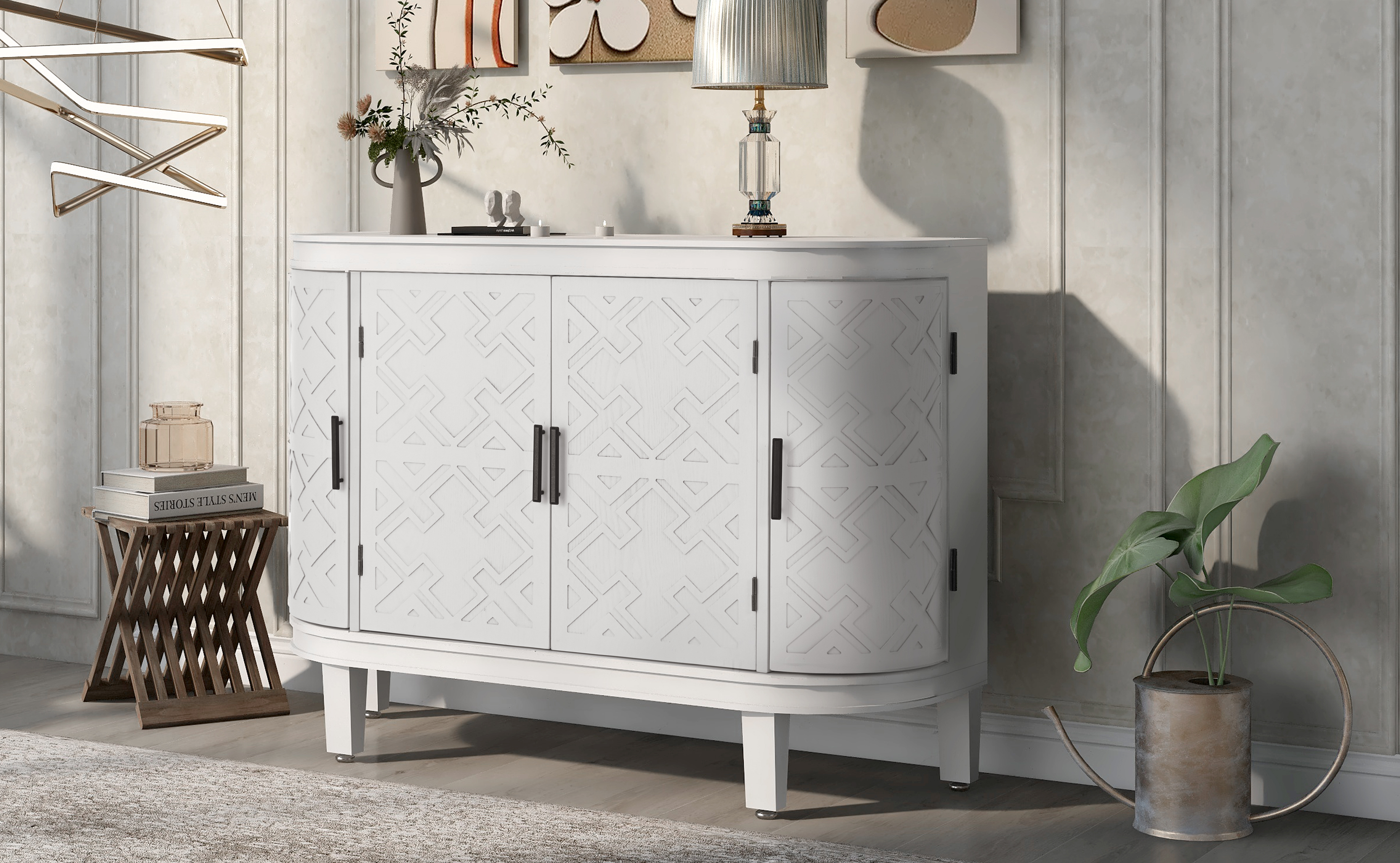 U-Style Accent Storage Cabinet Sideboard Wooden Cabinet with Antique Pattern Doors for Hallway, Entryway, Living Room