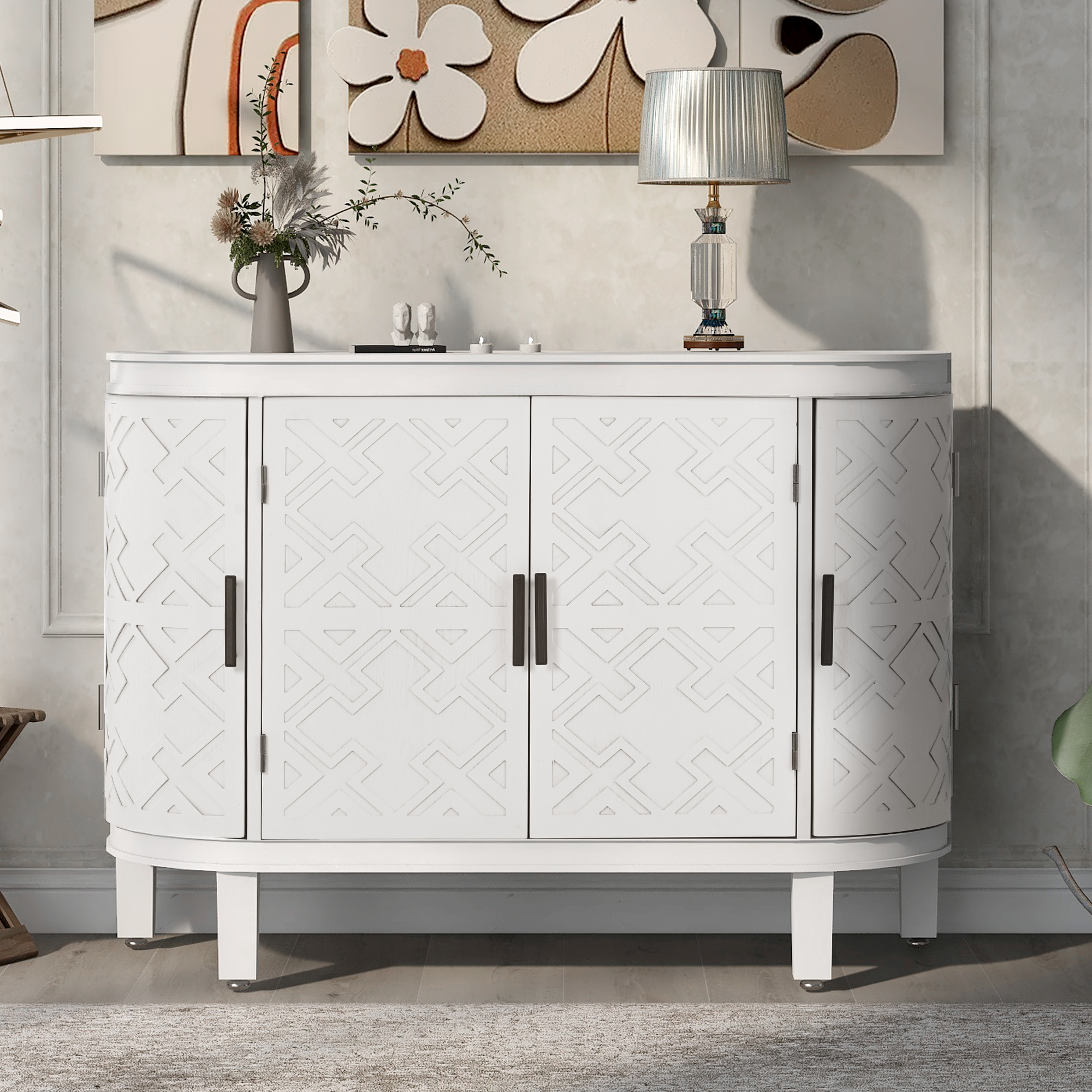 U-Style Accent Storage Cabinet Sideboard Wooden Cabinet with Antique Pattern Doors for Hallway, Entryway, Living Room