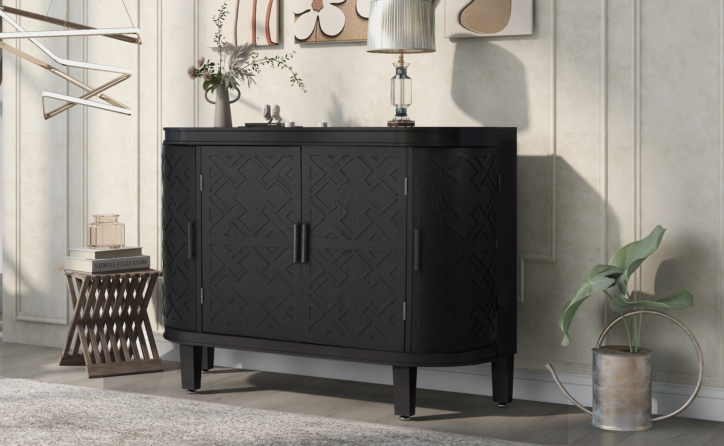 U-Style Accent Storage Cabinet Sideboard Wooden Cabinet with Antique Pattern Doors for Hallway, Entryway, Living Room