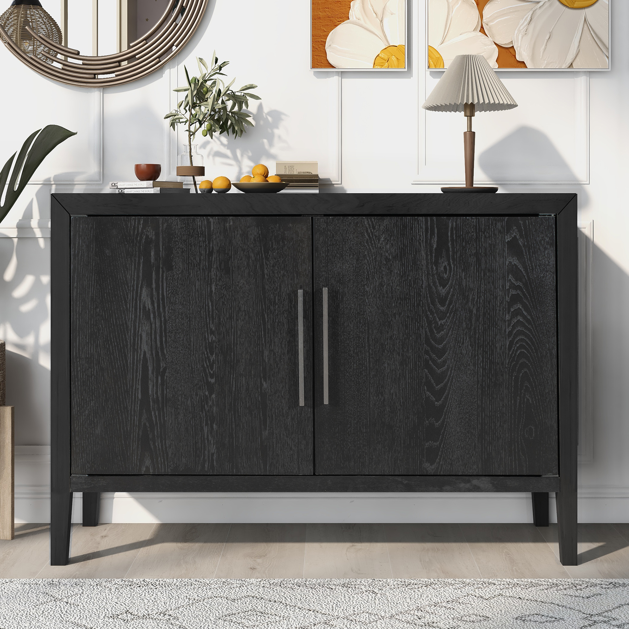 U-Style Storage Cabinet Sideboard Wooden Cabinet with 2 Metal handles and 2 Doors for Hallway, Entryway, Living Room