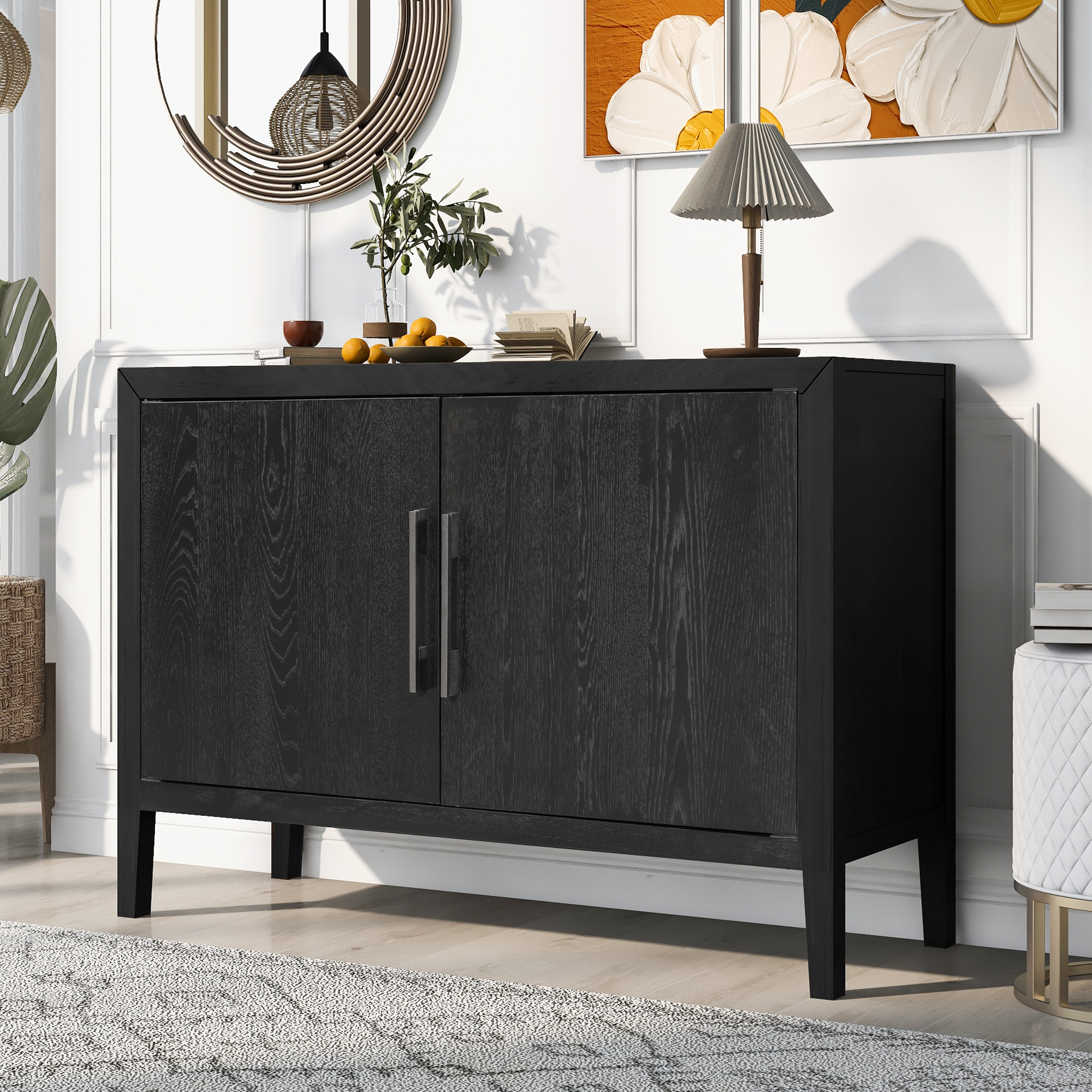 U-Style Storage Cabinet Sideboard Wooden Cabinet with 2 Metal handles and 2 Doors for Hallway, Entryway, Living Room