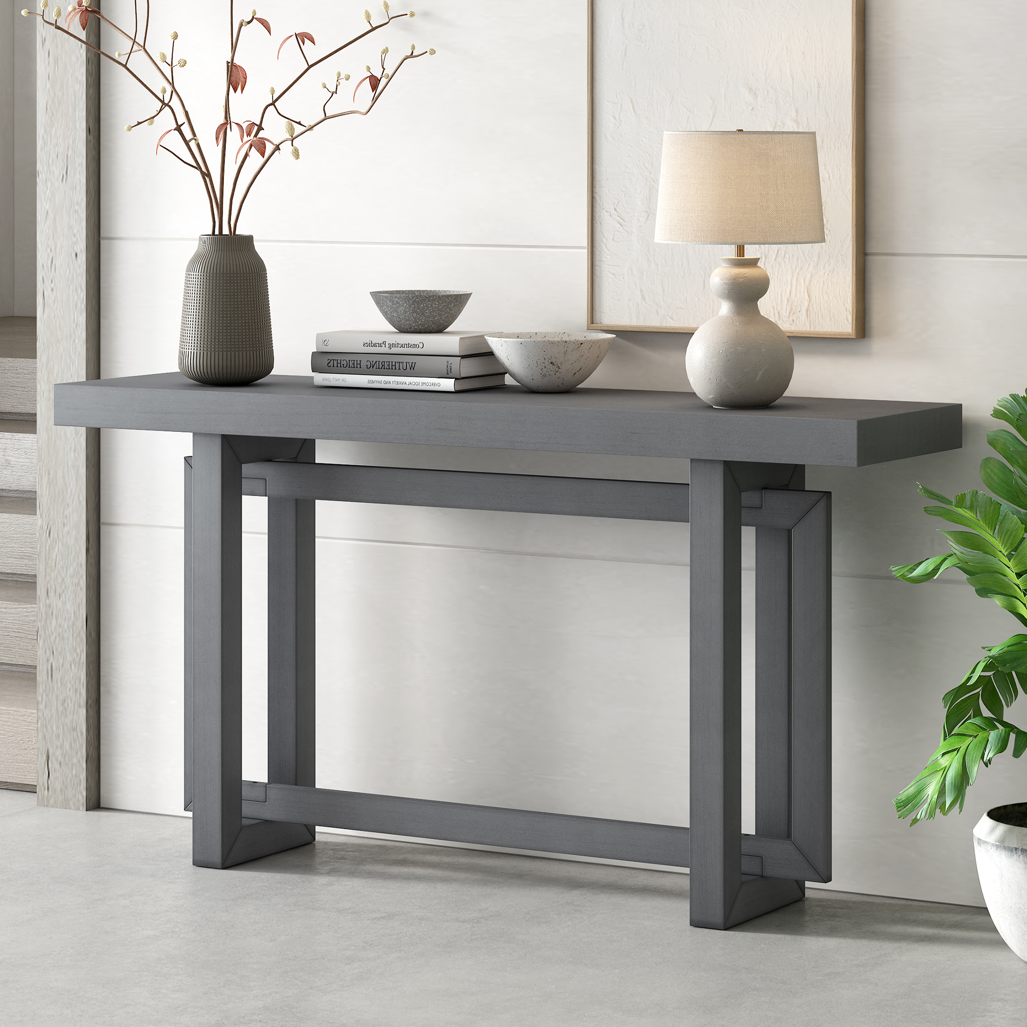 U_STYLE Contemporary Console Table with  Industrial-inspired Concrete Wood Top, Extra Long Entryway Table for Entryway, Hallway, Living Room, Foyer, Corridor