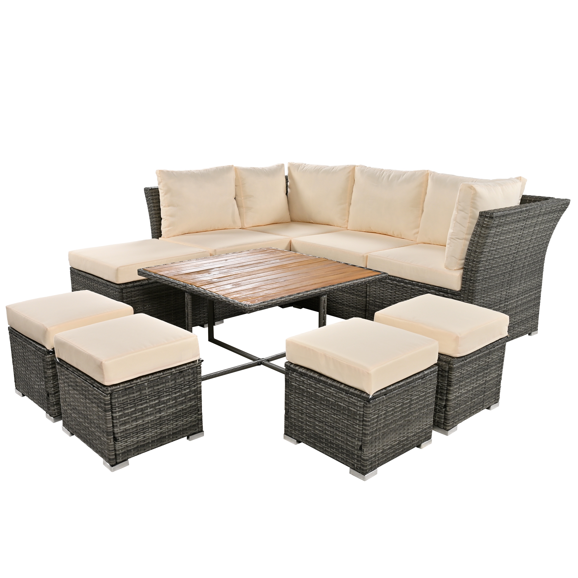 U_STYLE Patio Furniture Set, 10 Piece Outdoor Conversation Set, CoffeeTable with Ottomans, Solid wood coffee table