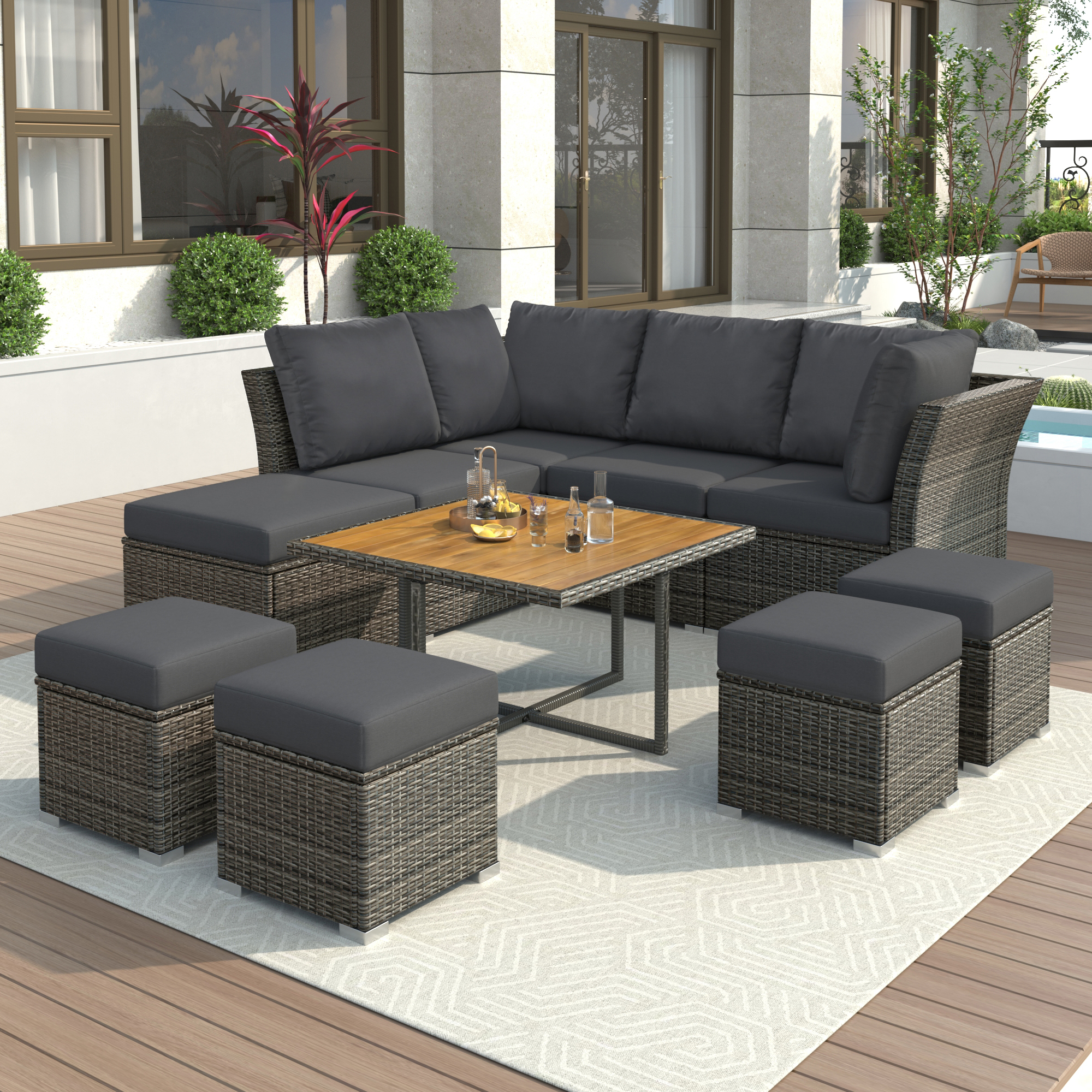 U_STYLE Patio Furniture Set, 10 Piece Outdoor Conversation Set, CoffeeTable with Ottomans, Solid wood coffee table