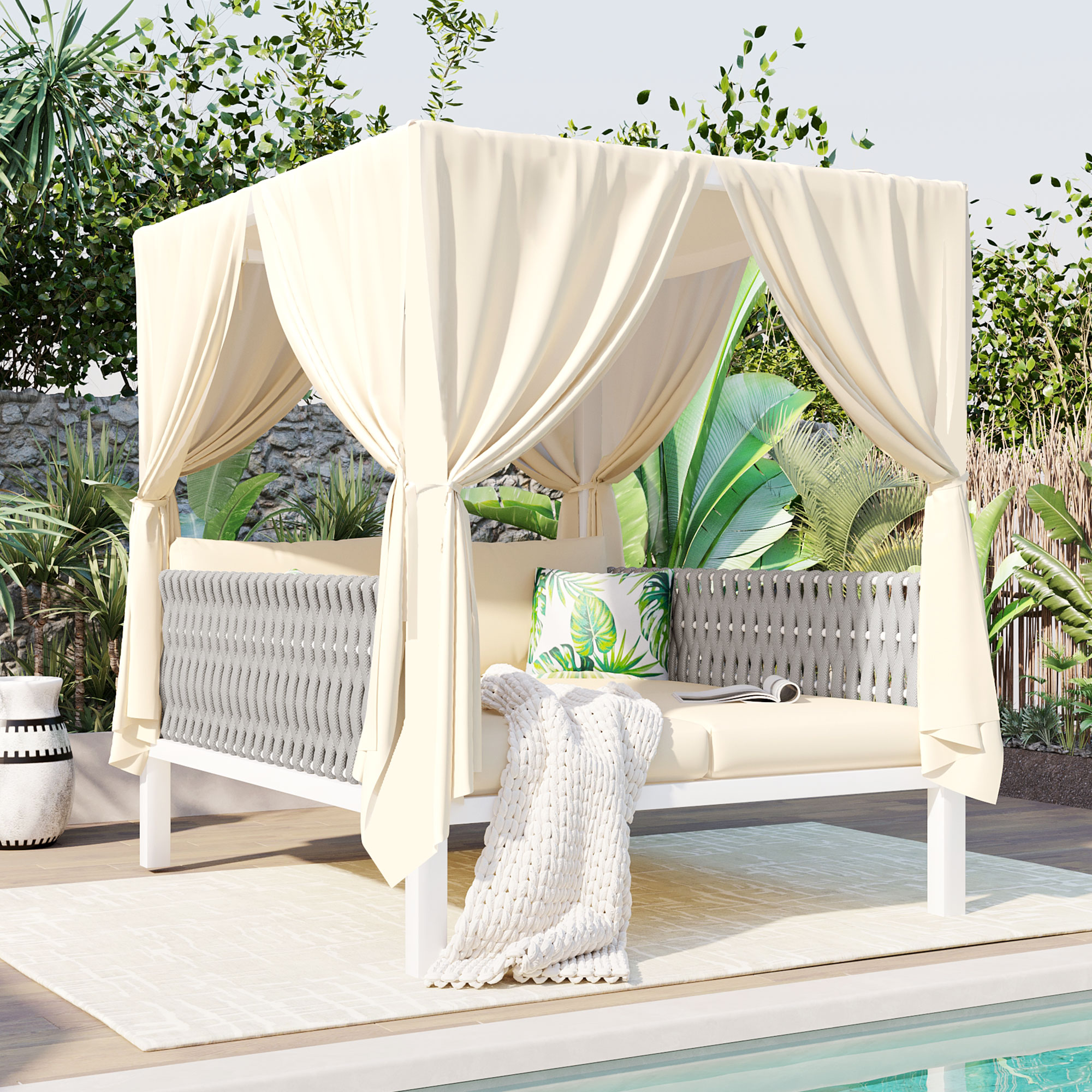 U_Style  Outdoor Patio Sunbed with Curtains, High Comfort, Suitable for Multiple Scenarios