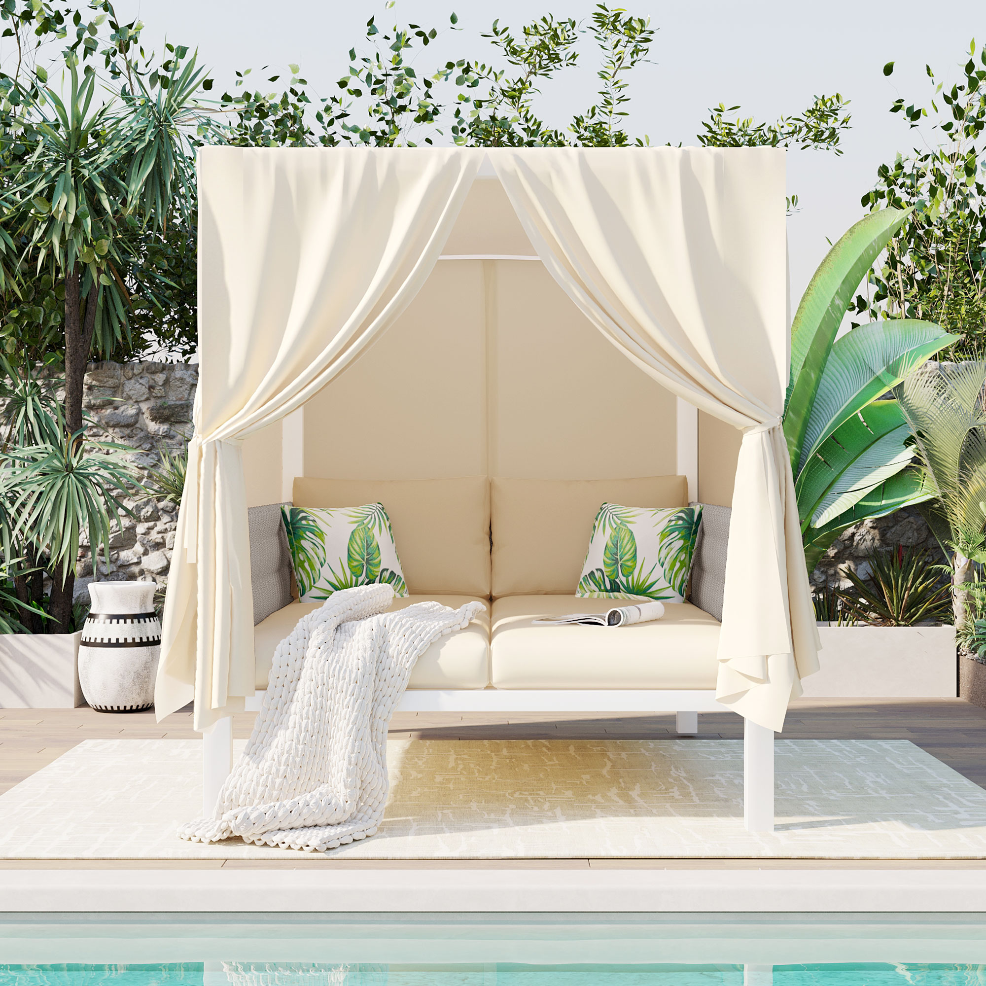 U_Style  Outdoor Patio Sunbed with Curtains, High Comfort, Suitable for Multiple Scenarios