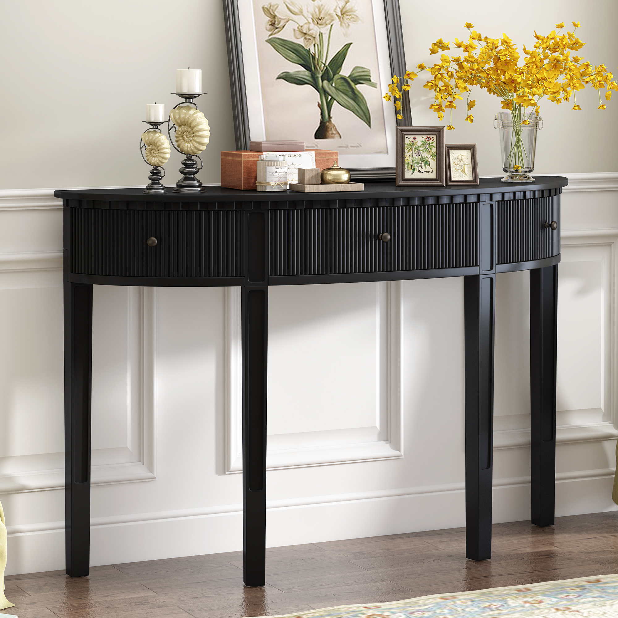 U-Style Distinctive Features of Pine Veneer Console Table with Vertical Stripe Drawer Fronts and Four Legs