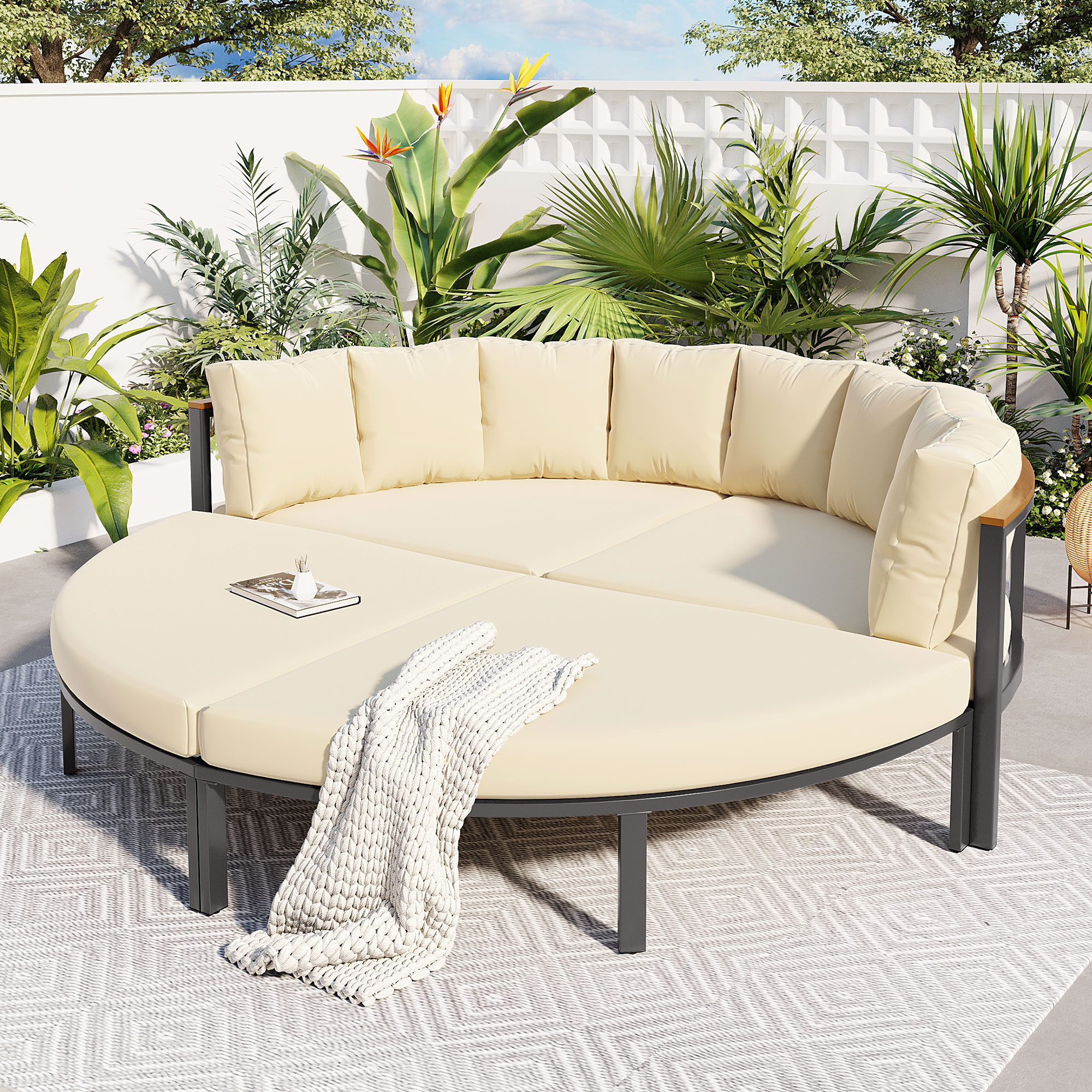 U-style Patio Furniture Set, 4 Piece Round Outdoor Conversation Set All Weather Metal Sectional Sofa with Cushions