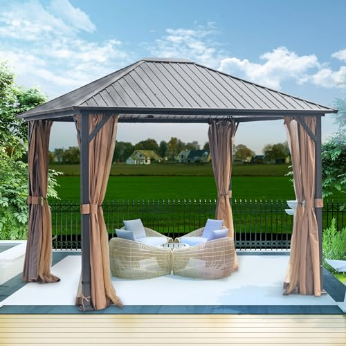 10x12 Hardtop Metal Gazebo,Heavy Duty Pergola with Mosquito Nets&Galvanized Steel&Polycarbonate Roof,Sturdy Outdoor Canopies Tent,Suitable for Gardens,Patio,Backyard